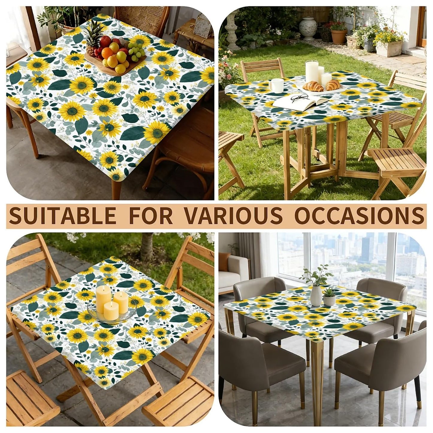 ARTSGOO Square Fitted Tablecloth with Elastic Edge Design Table Cover Waterproof Stain-Resistant Wipeable Table Cloth for Kitchen Dining Picnic Patio Outdoor Party Sunflower 34X34 Inch