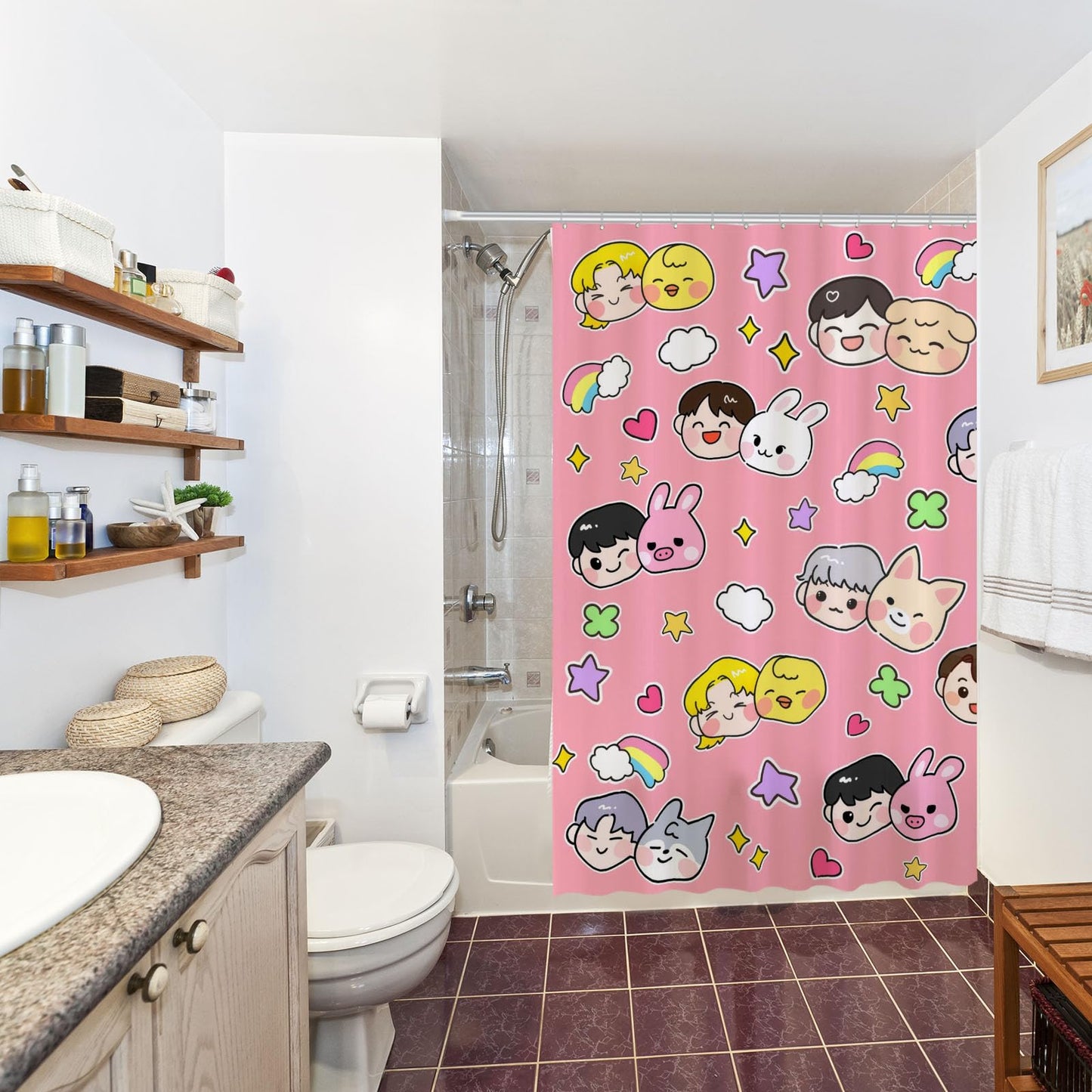 Funnytree Cute Korean Music Pink Shower Curtain 72"x72" - Waterproof Fabric Bathroom Decor for Women,Teens,Daughter,Fans,Girls, Durable Easy Care Washable (Hooks Not Included)