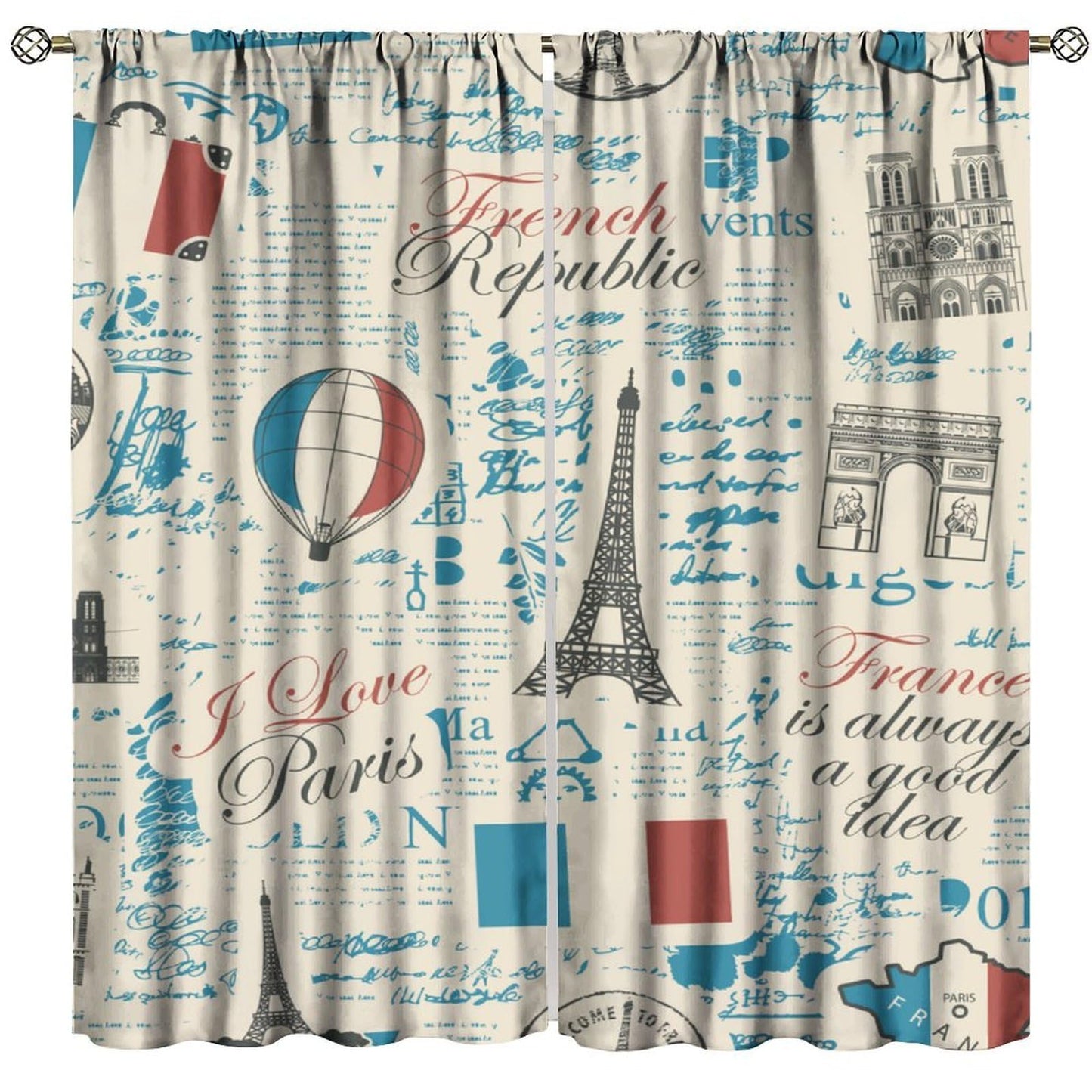 Eiffel Tower Curtains French Flag Paris Architecture Vintage Newspaper Retro Travel Pattern Rod Pocket Window Treatments Living Room Kids Bedroom 2 Panels Set 41" x 45" (No Blackout)