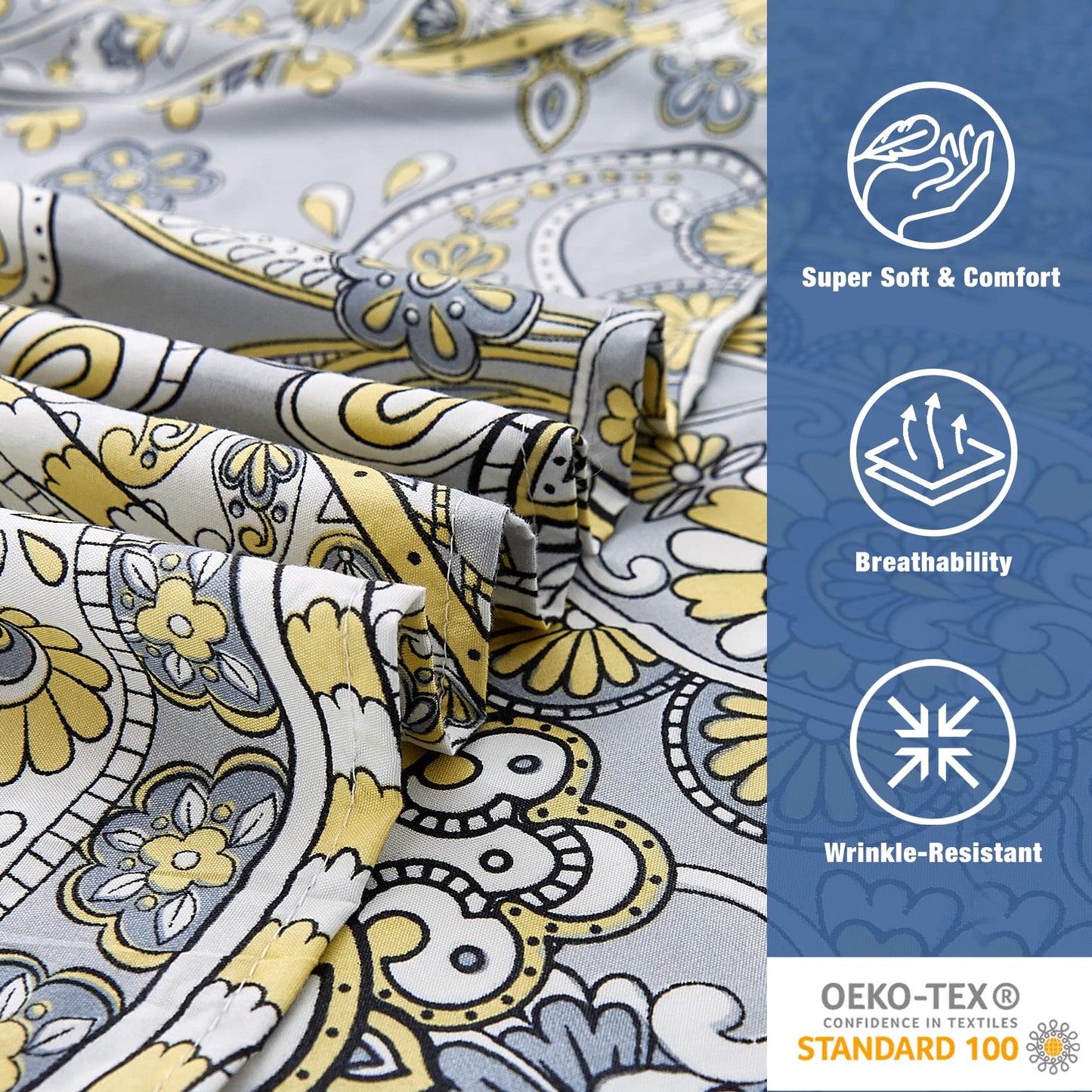 JSD Paisley Sheet Set Queen Size, 4 Piece Retro Pattern Microfiber Bedding Sheets Extra Deep Pocket