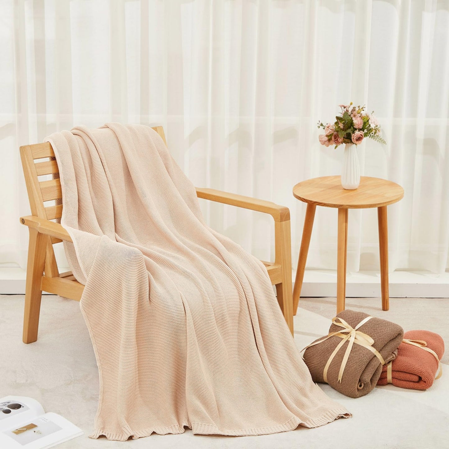 Breling 3 Pcs 50 x 60 Inch Large 100% Cotton Knitted Throw Blanket for Couch Sofa Bed Room Home Use Travel Soft Lightweight and Machine Washable Cozy Knit Blanket Handmade Lap Towel,Beige Orange Brown