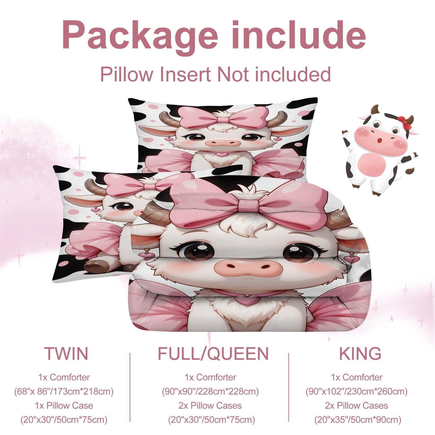 VTKON Cute Girls Cow Comforter Set Twin Size for Kids Teens Pink Bow Tutu Cow Bedding Set Kawaii Cartoon Animal Bed Set for Toddler Nursery Bedroom Decor Soft Quilt Set with 1 Pillowcase