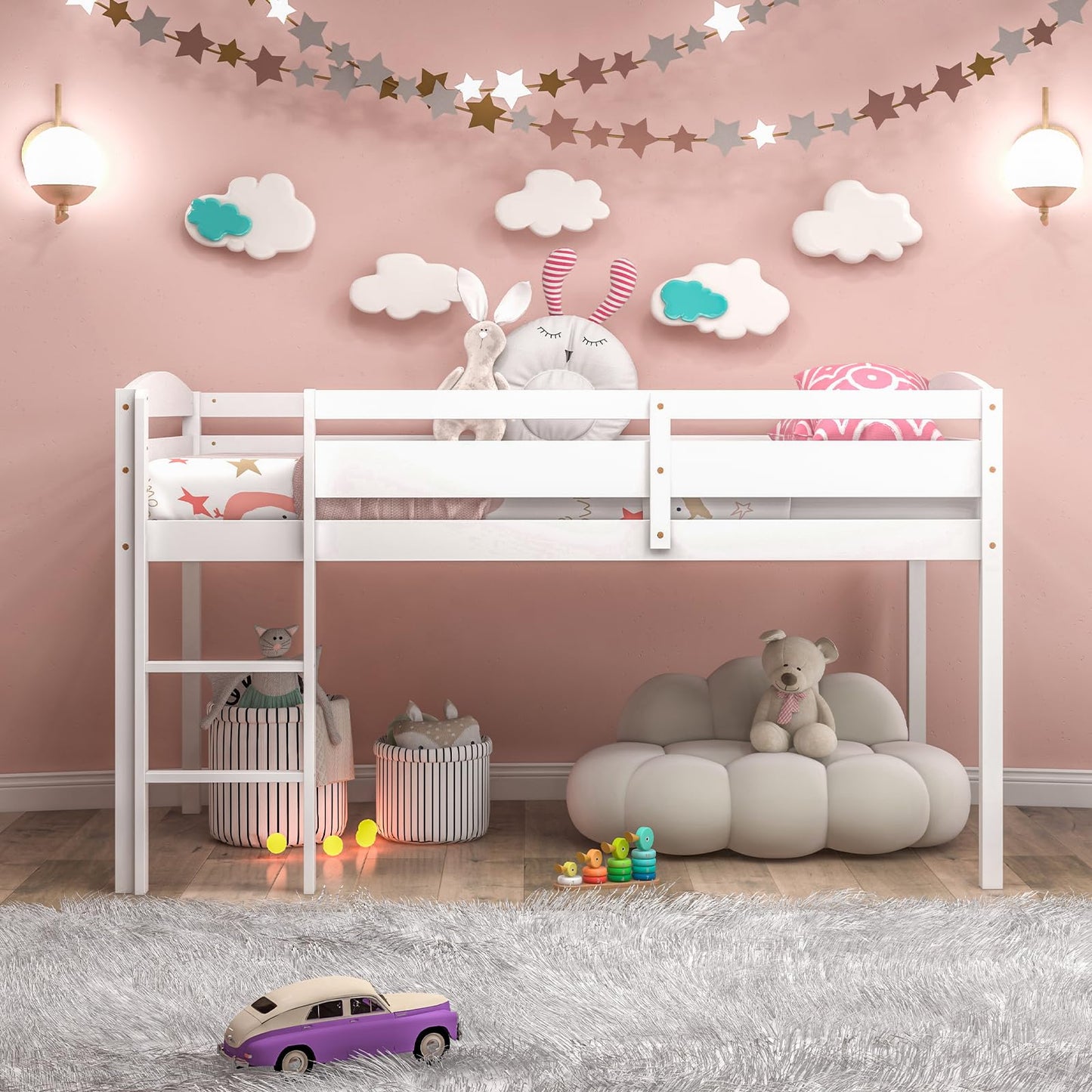 Giantex Twin Loft Bed with Ladder, Wood Low Profile Loft Bed with 30" Clearance & Safety Guard Rails, Space-Saving Loft Bed Frame for Kids Teens Junior, No Box Spring Needed, Kids Bed Frame, White