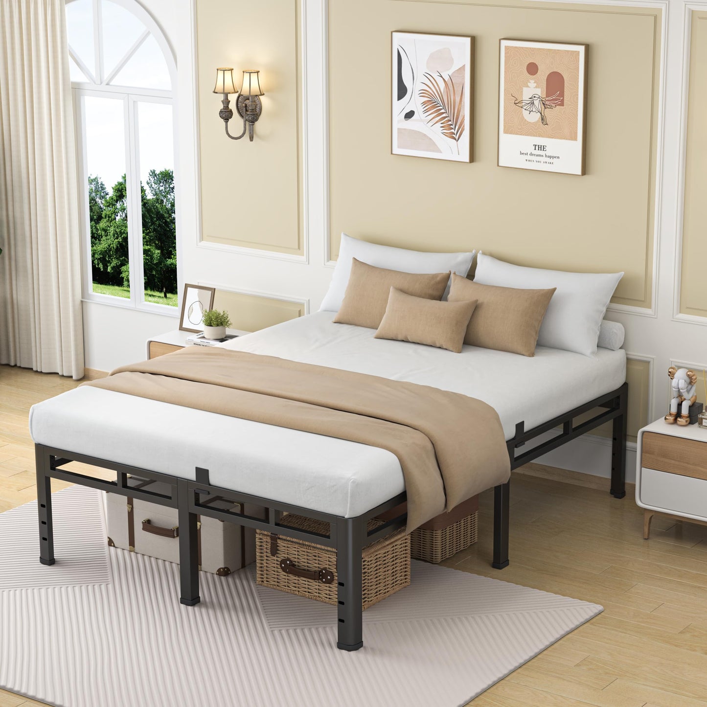 NKZ 18 Inch King Size Bed Frame, Metal Bed Frame & Box Spring 2 in 1 Platform with Round Corner Legs, 4000Lbs Heavy Duty Metal Frame, Mattress Slide Stopper, Headboard Hole, Noise-Free, Easy Assembly