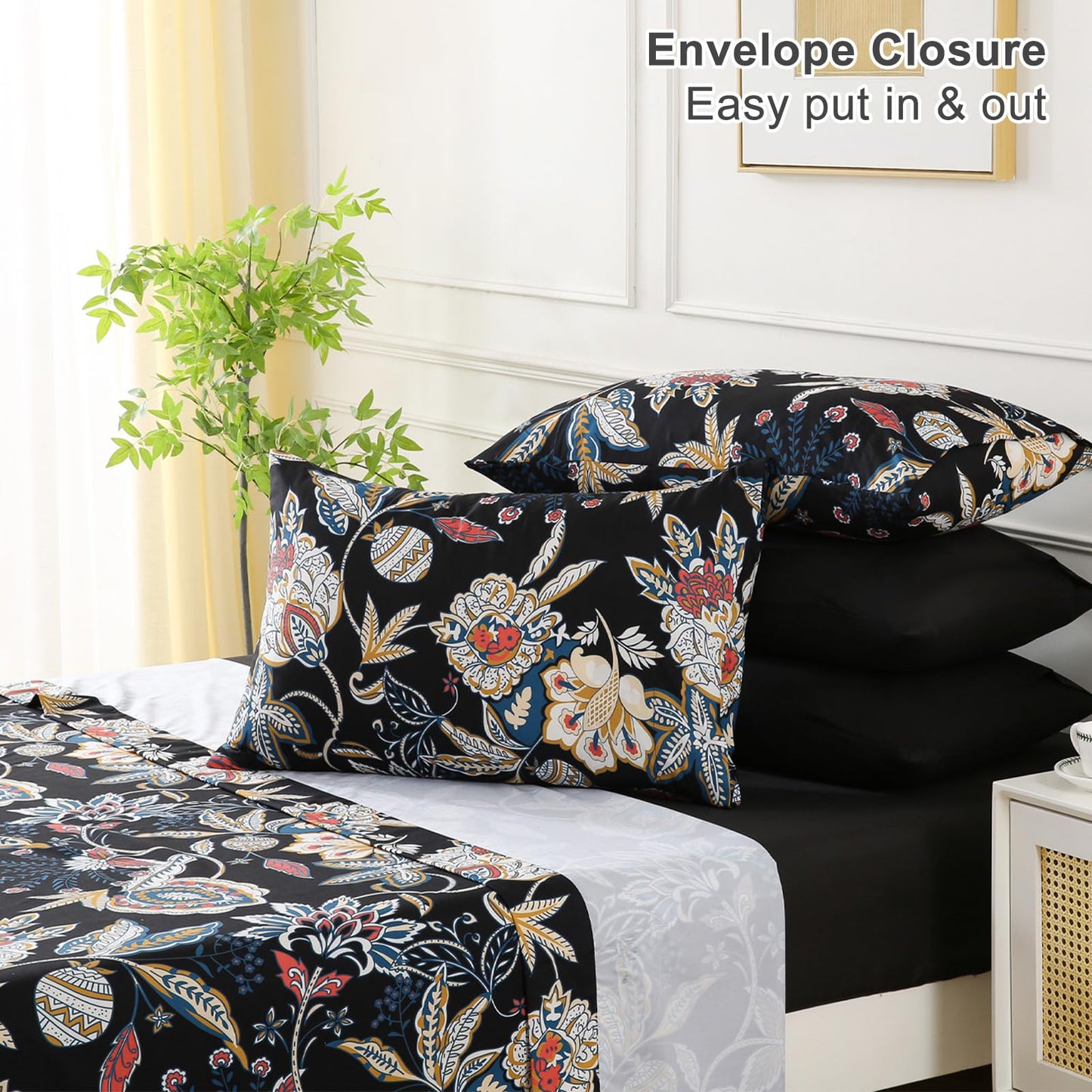 Botanical 6-Piece Full Size Sheets Set, Boho Floral Print Brushed Microfiber Sheets, Cooling Bed Sheet Set, Ultra Soft & Breathable, 16' Deep Pocket Fitted Sheet & Pillowcase Set, Black Floral