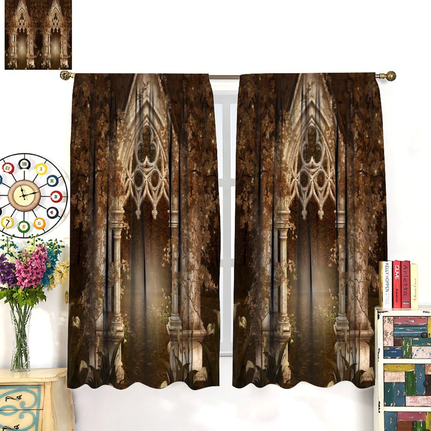 YCness Fantasy Nature Landscape Curtains, Golden Sparkle Gothic Fantasy Gate Magic Dreamland Fairy Window Treatments for Kitchen Living Room Bedroom Home, 2 Panels 42x45 Inch