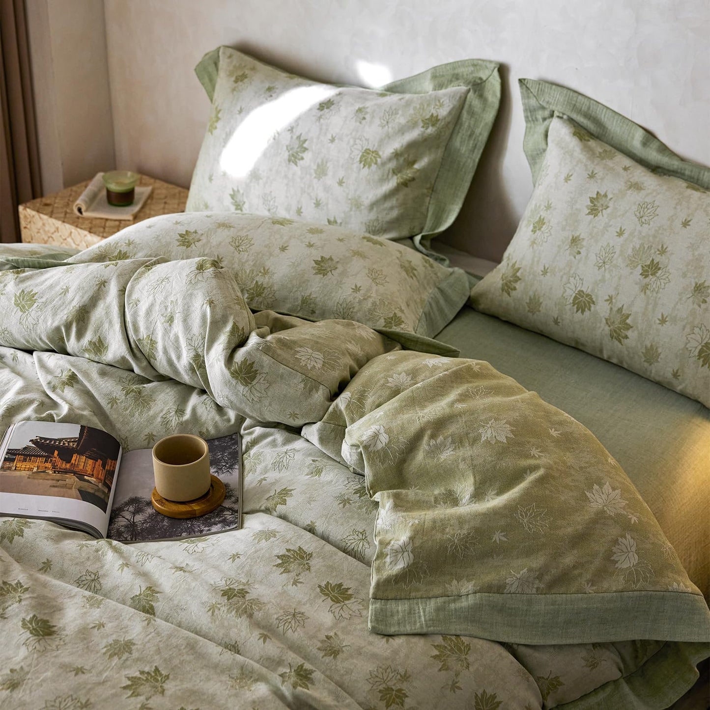 mixinni Yarn-Dyed Jacquard Duvet Cover King, Green Botanical Leaf Print 3-Piece Bedding Set with Wide Edge Piping, Soft Breathable Double Layer Gauze for All Seasons (1 Duvet Cover + 2 Pillowcases)