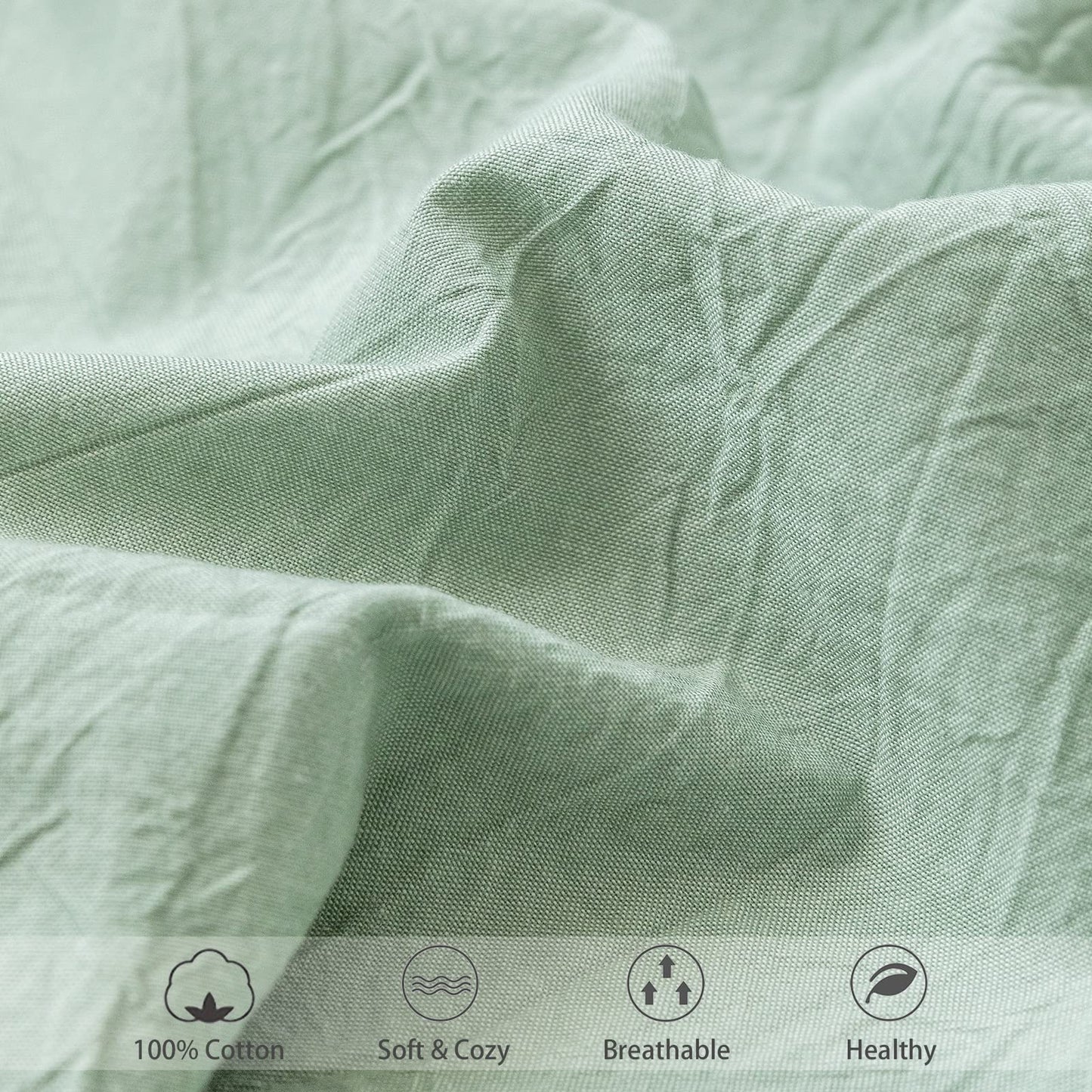 MooMee Fitted Bottom Sheet Only 100% Washed Cotton Linen Like Textured Breathable Durable Soft Comfy Deep Pocket Fits Mattress up to 17" (Sage Green, Queen)