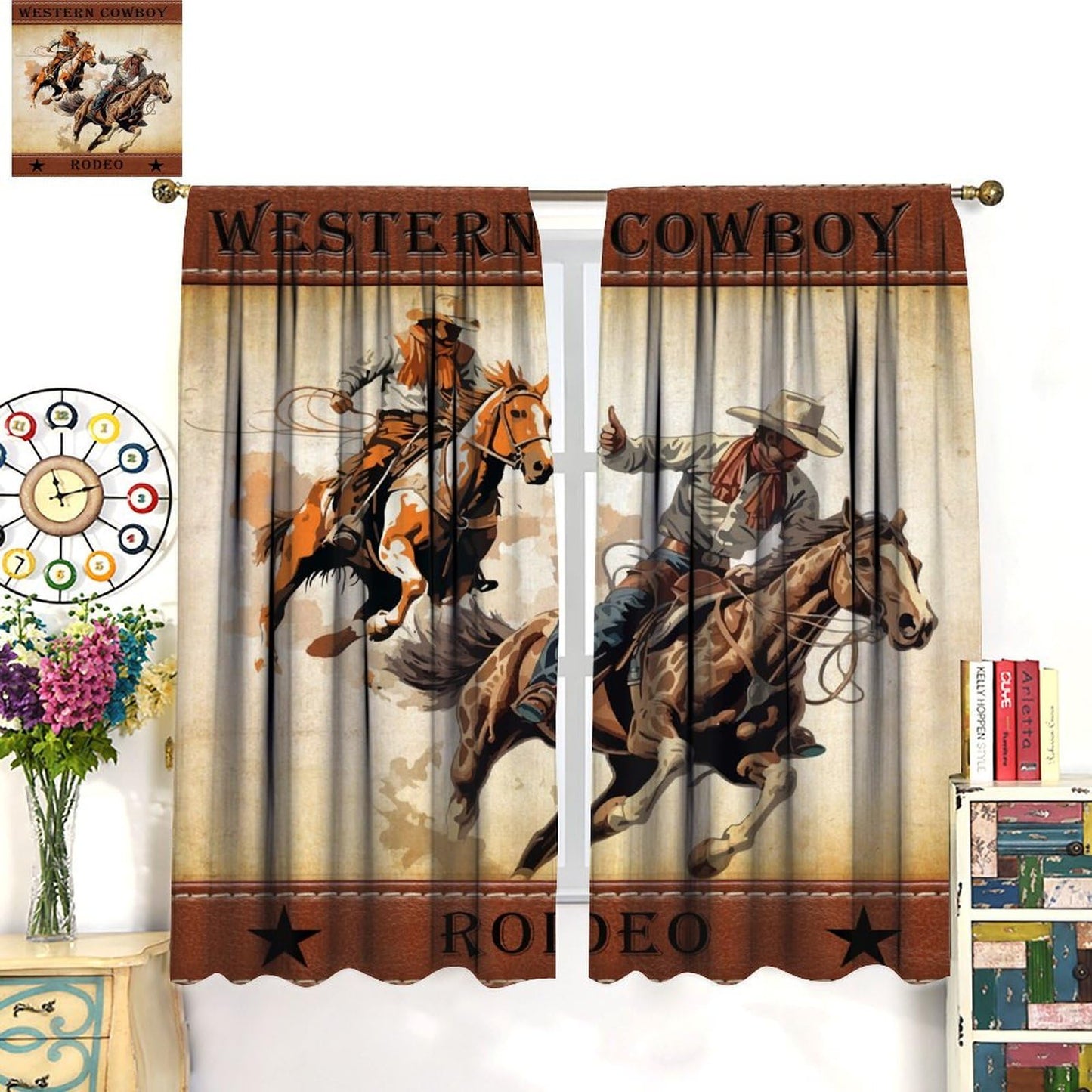 LOMADIA Cowboy Horse Blackout Curtain, Rustic Old Western Farm Retro Farmhouse Cowboy Pattern Drapes Window 2 Panel Rod Pocket Curtain for Kitchen Living Room Bedroom Deocr 42x45in