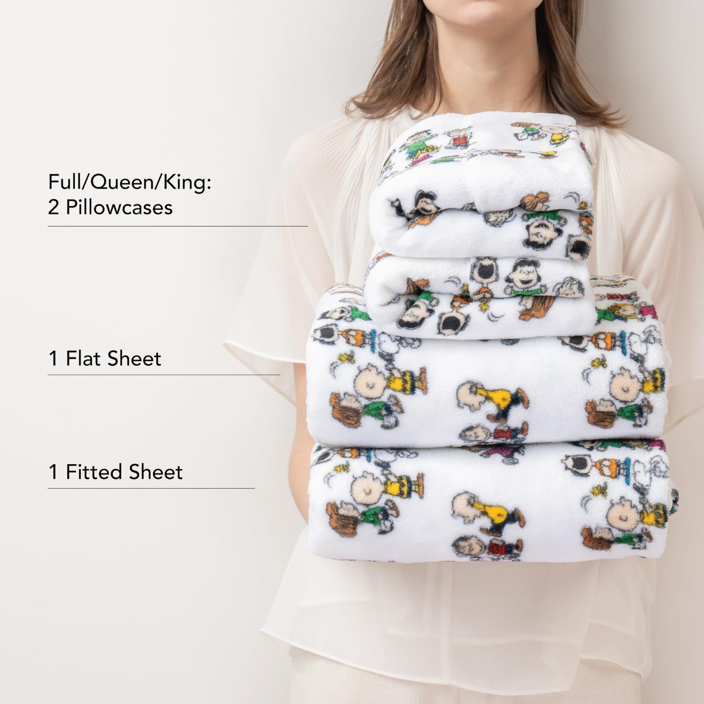 Berkshire Peanuts® Velvetloft® Plush Full Sheet Set,Extra Warm Fleece Sheets,4-Piece Cute Character Snoopy Printed Soft Plush Sheet Set,Laughing Small White