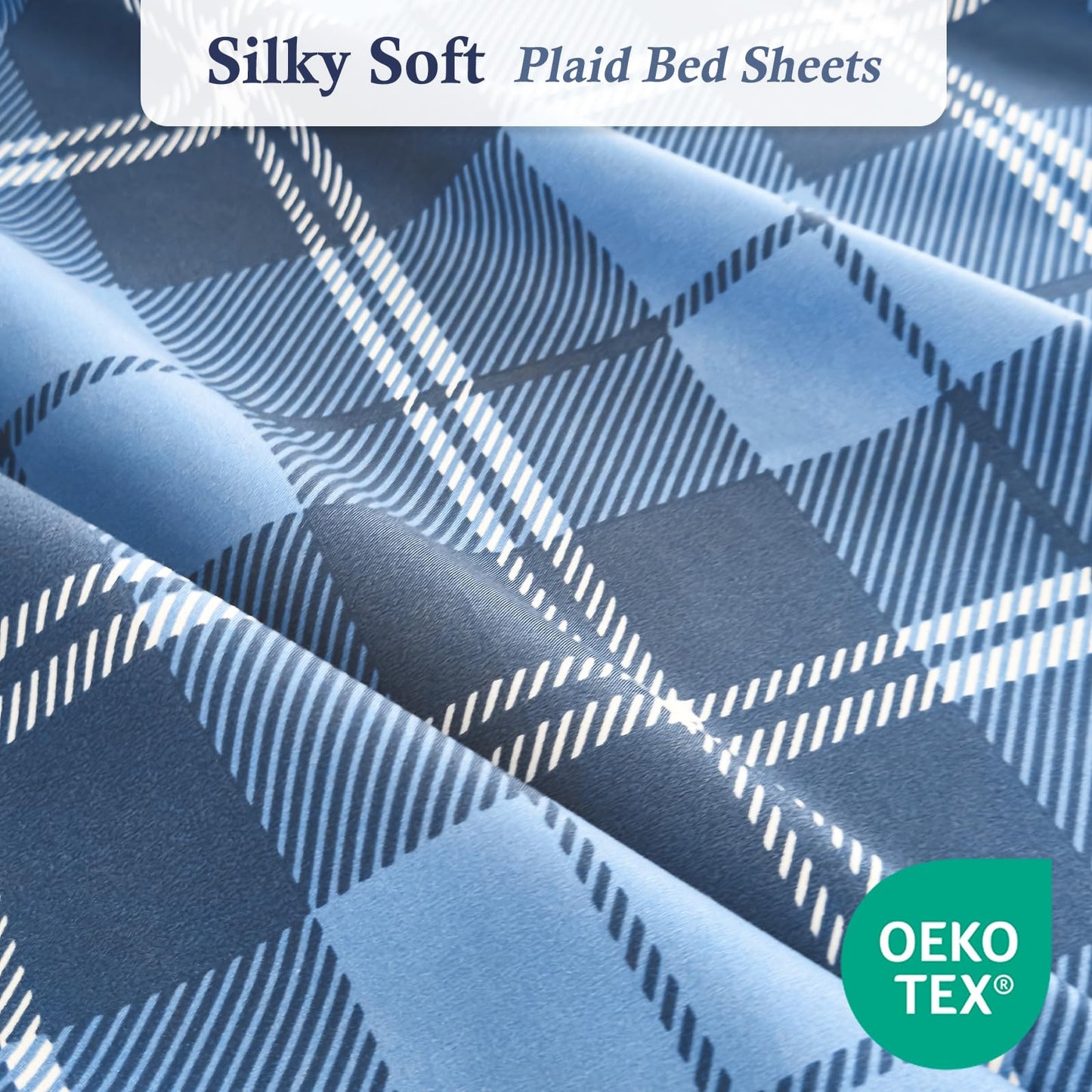 MICORAL Queen Sheet Set Plaid Patten, 4-Piece Printed Sheets, Silky & Lightweight Bedding Set, 16" Deep Pocket, Ultra Soft & Cooling Sheet, Oeko-TEX Certified, Plaid Royal Blue