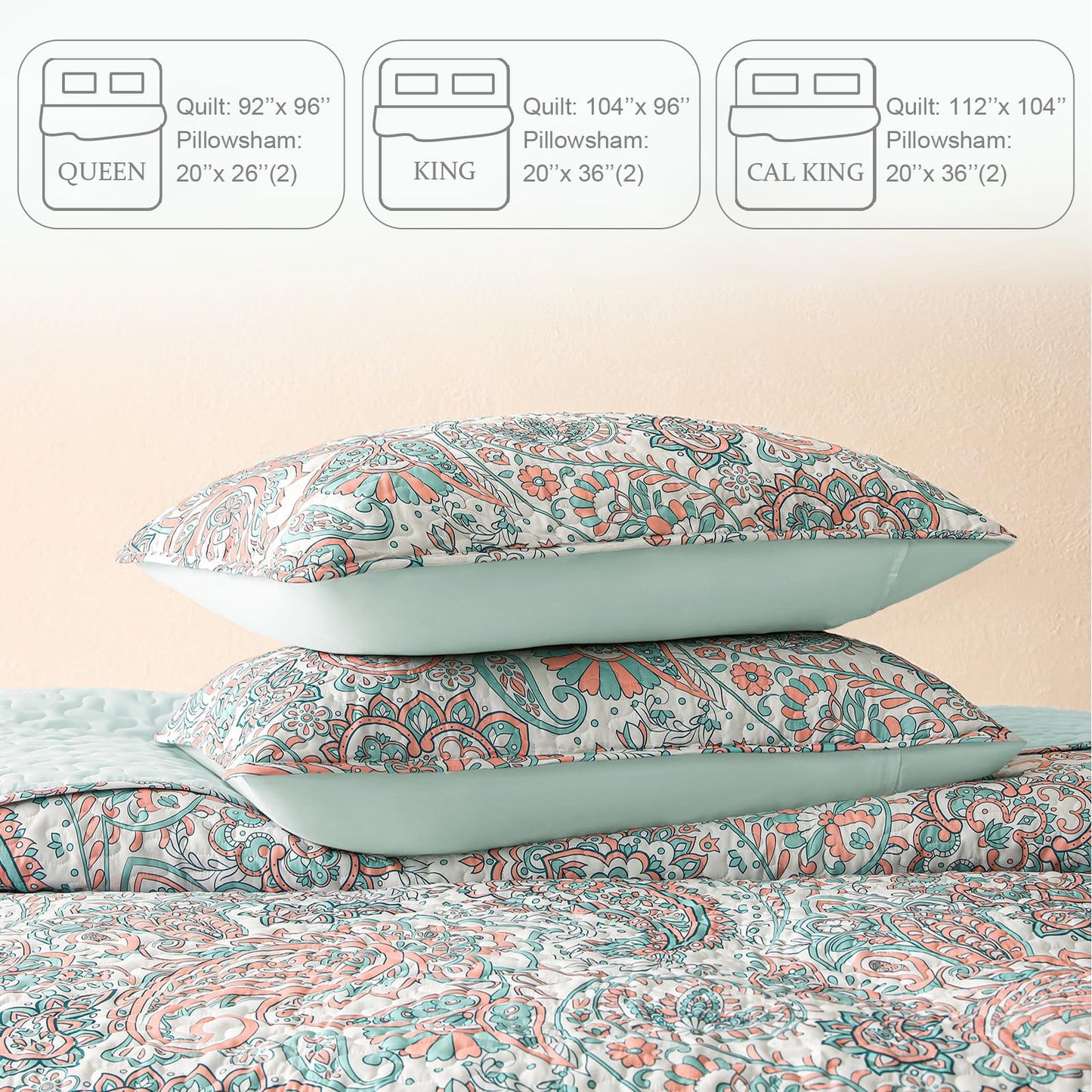 Exclusivo Mezcla Reversible Boho Quilts Queen Size, Aqua Soft Bedspreads Lightweight Coverlet All Season Paisley Quilt Bedding Set with Printed Floral Pattern (1 Quilt, 2 Pillow Shams)