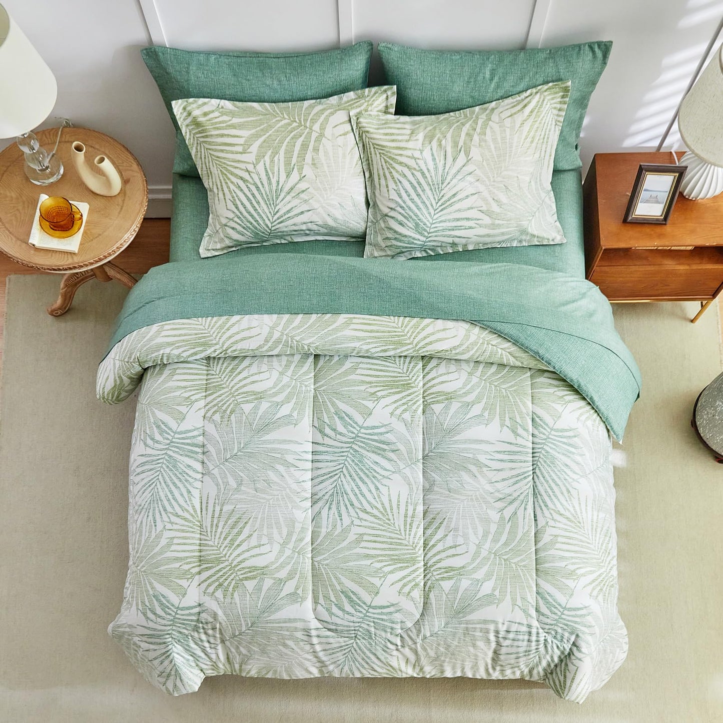 AIKASY Blue Green Queen Comforter Set with Sheets,Bed in a Bag 7-Pieces,Palm Tree Totem Printing Design,Ultra Soft Down Alternative All Season Bedding Set(Queen, Blue Green)