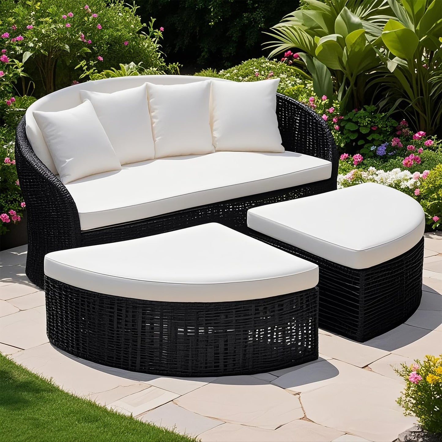 4PC Outdoor Round Daybed Cushion Cover with Zipper & Anti-Slip Particles,Circle Sun Island Sunbed Mattress Covers Waterproof,Patio Day Bed Cushions Slipcover ONLY COVER (White, 66*66*4inch)