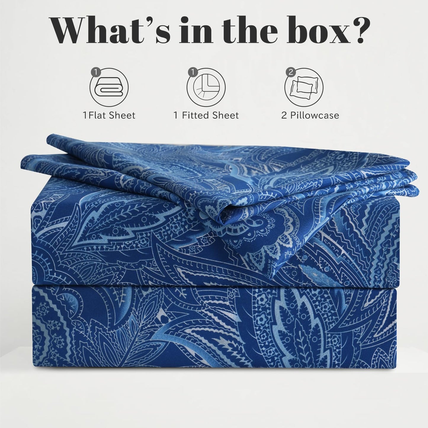 Bedlifes King Sheet Set Ultra Soft, Breathable, Silky Flower Deep Pocket 100% Microfiber Bedding, 4 Piece King Size Paisley Dark Navy Blue