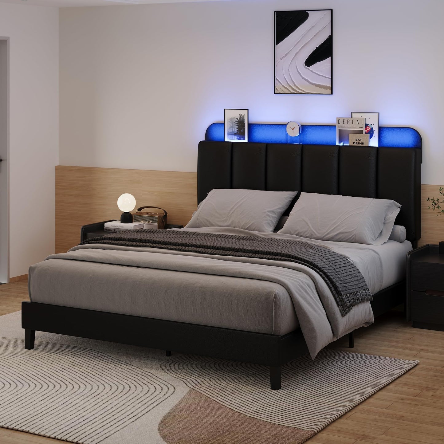 BarnFurin Full Size Bed Frame with LED Lights and Storage Headboard, Morden Bed Frame with Upholstered Headboard, Noise-Free, No Box Spring Needed, Easy Assembly, Black