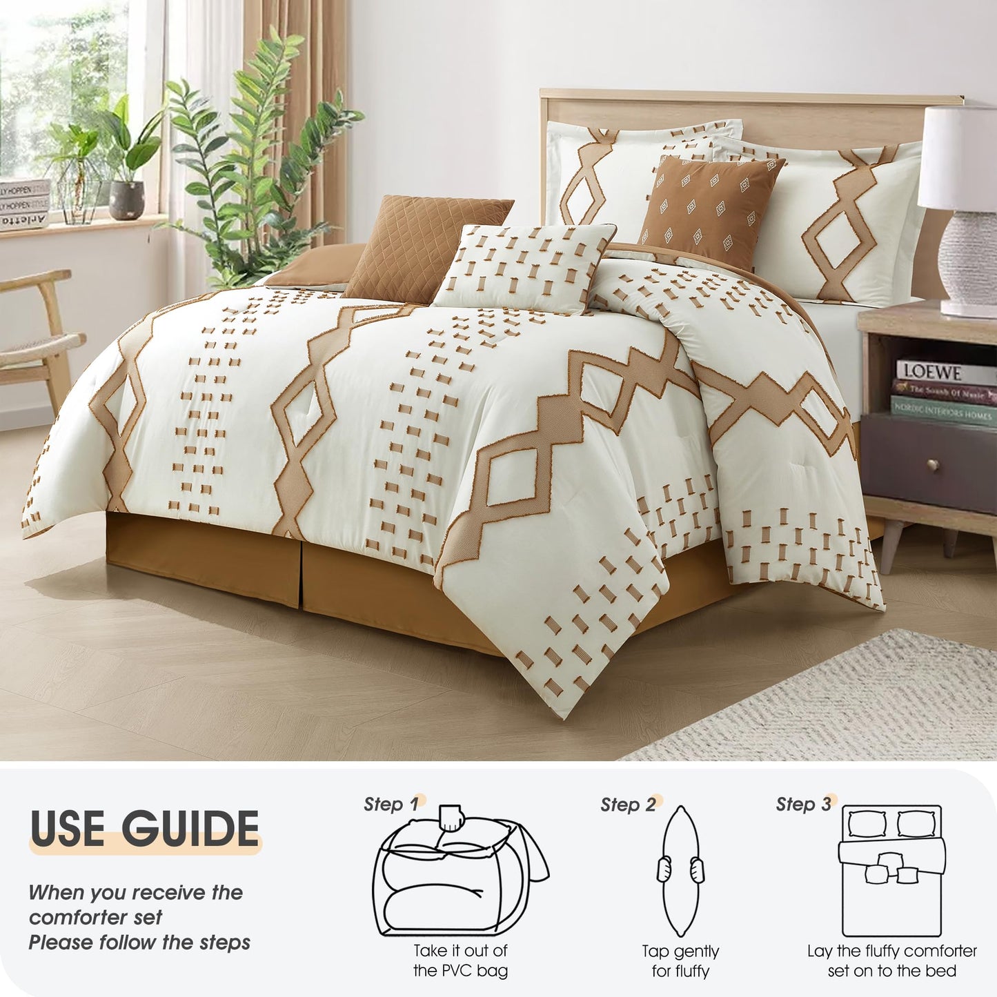 LANCO MODERN LIFESTYLE 7 Piece Taupe and White Comforter Set, California King, Boho Home Decor, Geometric Clip Pattern Bedding Set for All Seasons, Bed in a Bag, Bedskirt, Shams and Decorative Pillows