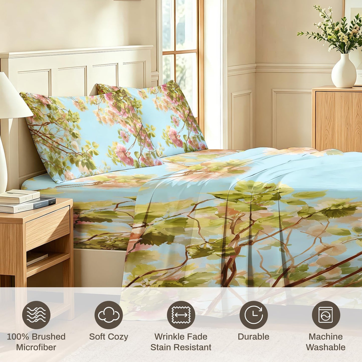 Spring Flower Bedding Set 4 Pcs Blue Sky Floral Full Sheets
