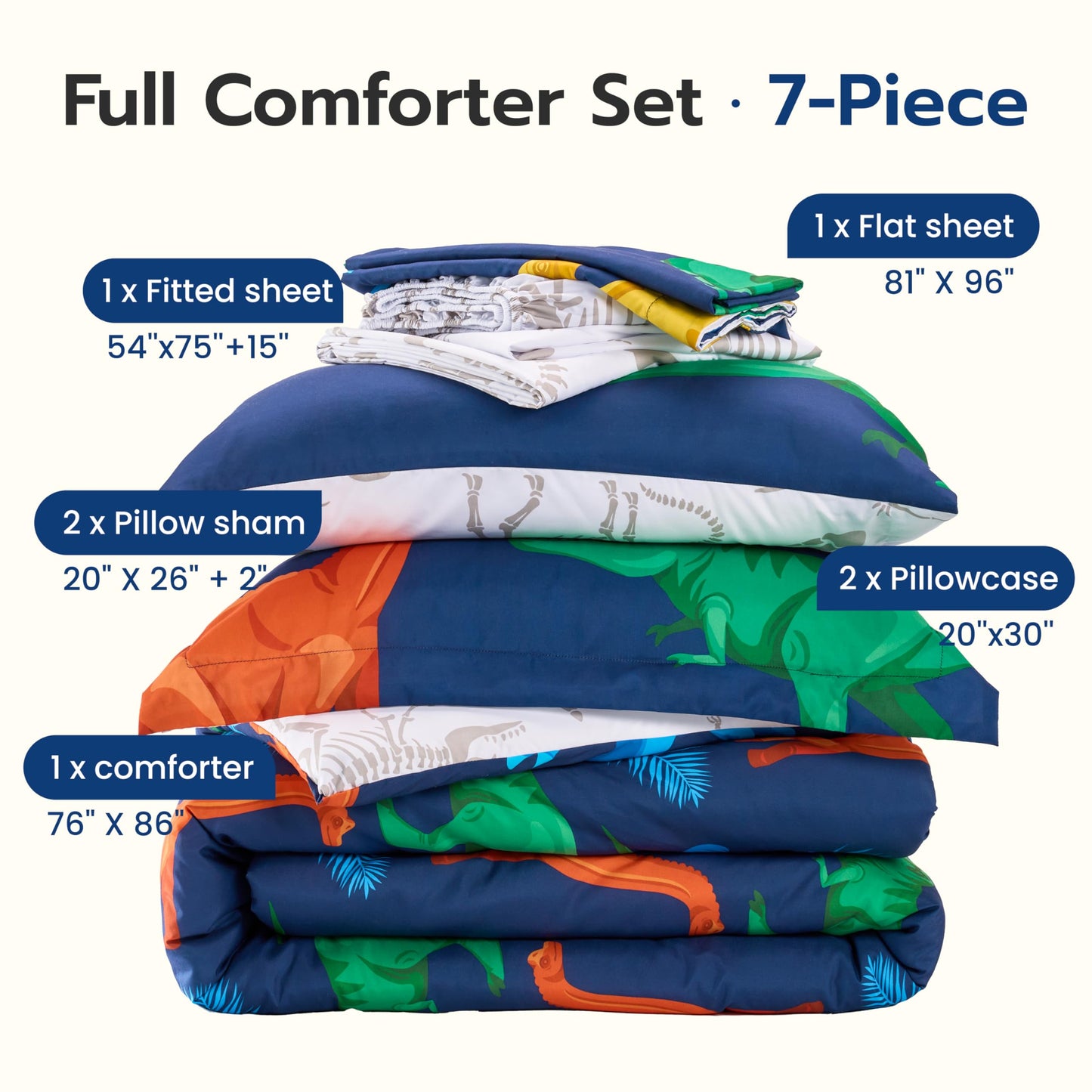 Joiedomi Kids Comforter Set Bedding Set for Boys Girls Super Soft Microfiber Bed in a Bag with Comforter Sheets Pillowcase Sham, Dark Blue Dinosaur, Full
