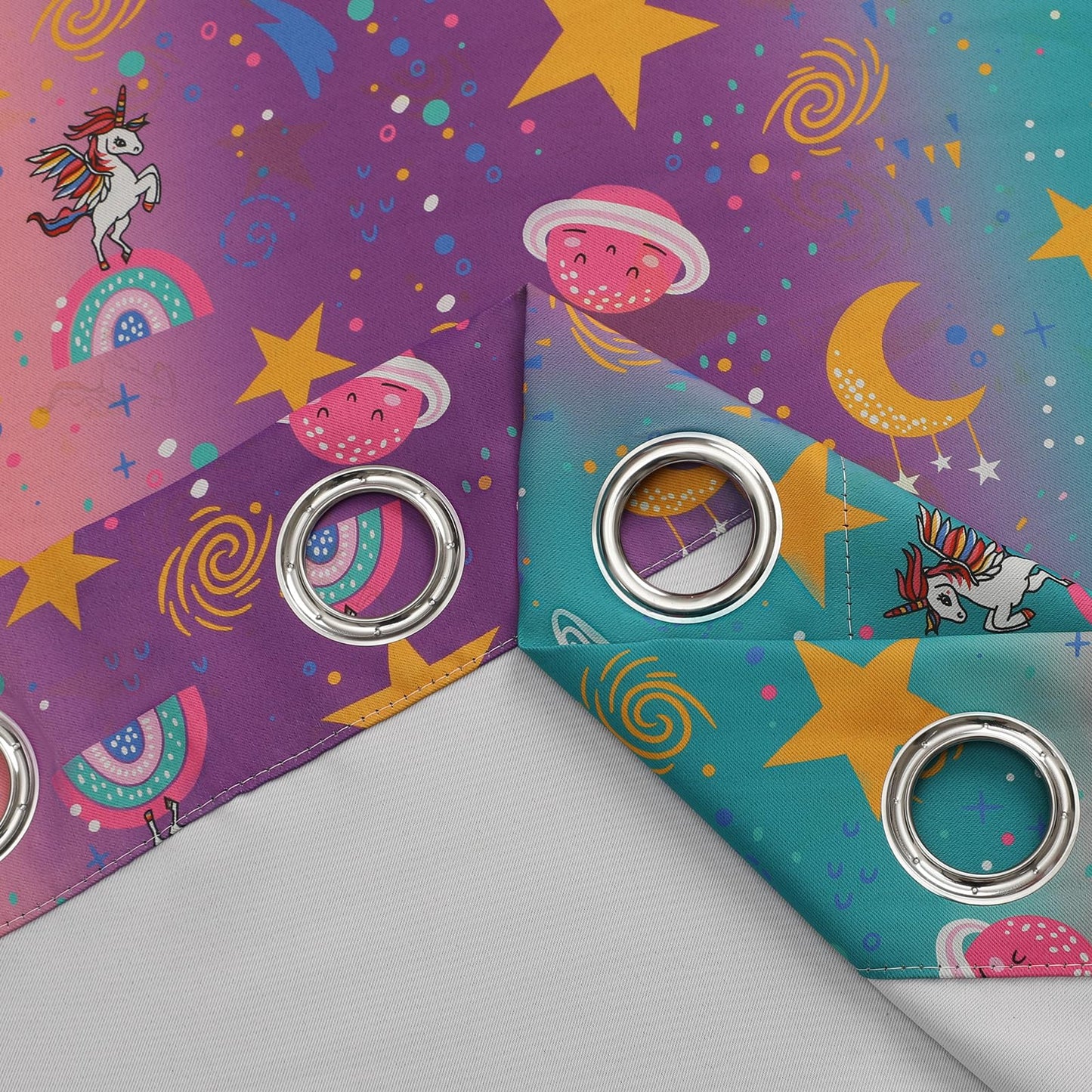 Estelar Textiler Unicorn Rainbow Galaxy Printed Ombre Pink Purple Teal Blackout Curtains for Kids & Girls Room,Thermal Insulated Room Darkening Grommet Drapes with Star & Moon Pattern,38Wx63L,2 Panels