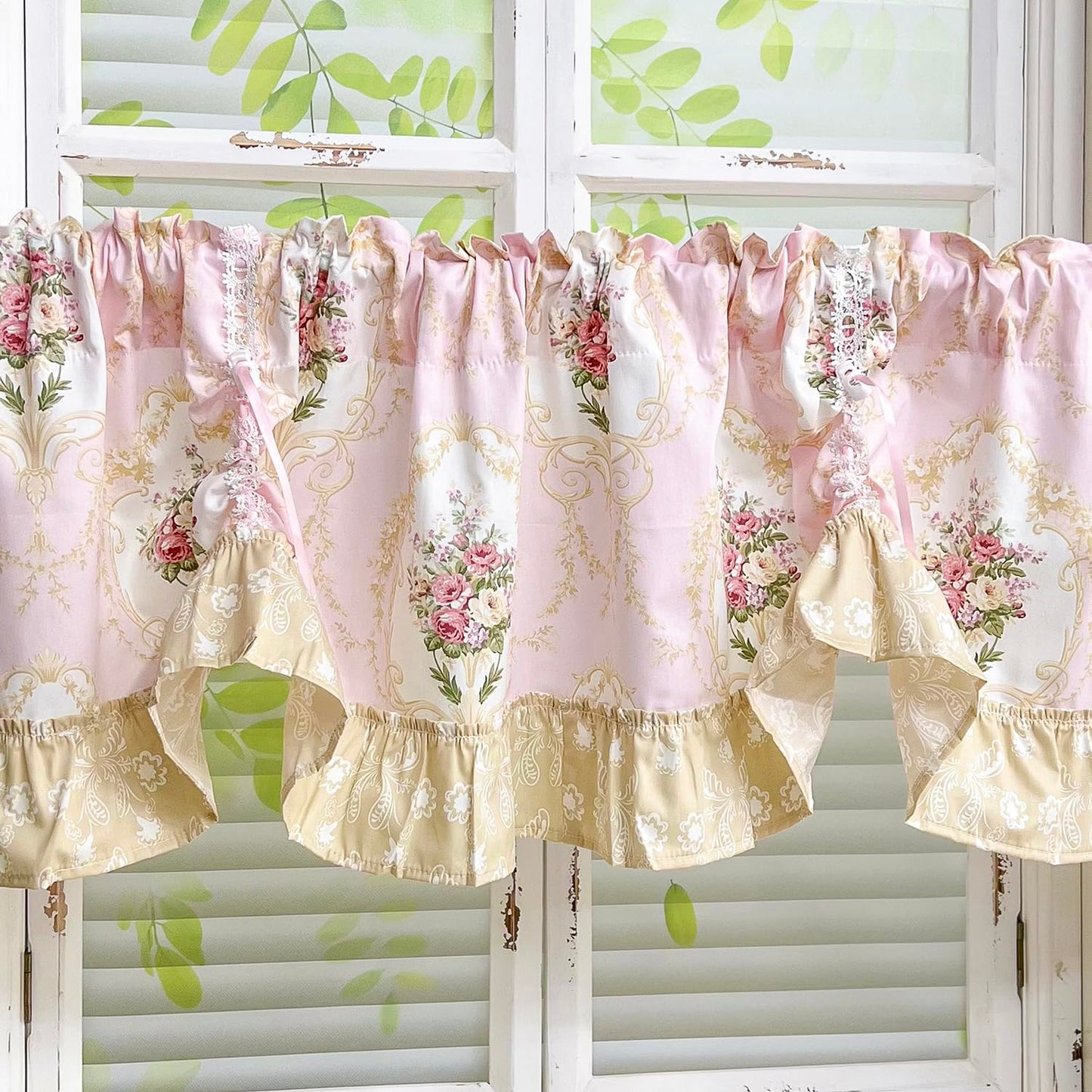 European Floral Tie Up Curtains for Kitchen Adjustable Balloon Shade Window Valance Elegant Cafe Bathroom Dining Room Window Drapes Rod Pocket 1 Panel (W59 X L16 INCH,Pink)