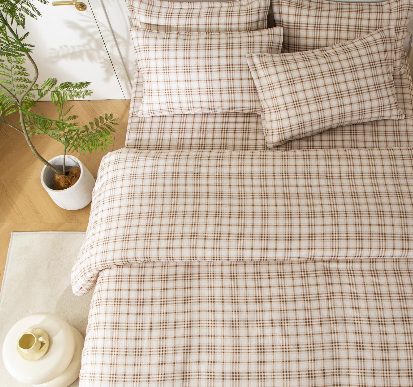 SDY Brown Plaid Twin Size Comforter Set, Luxury Soft Bed in a Bag Twin 7 Pieces, All Season Bedding Set with Comforters, Sheets, Pillowcase & Sham