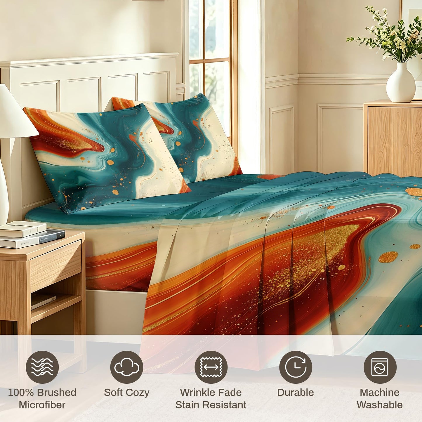 Modern Abstract Bedding Set 4 Pcs Marble Full Sheets, Orange Teal