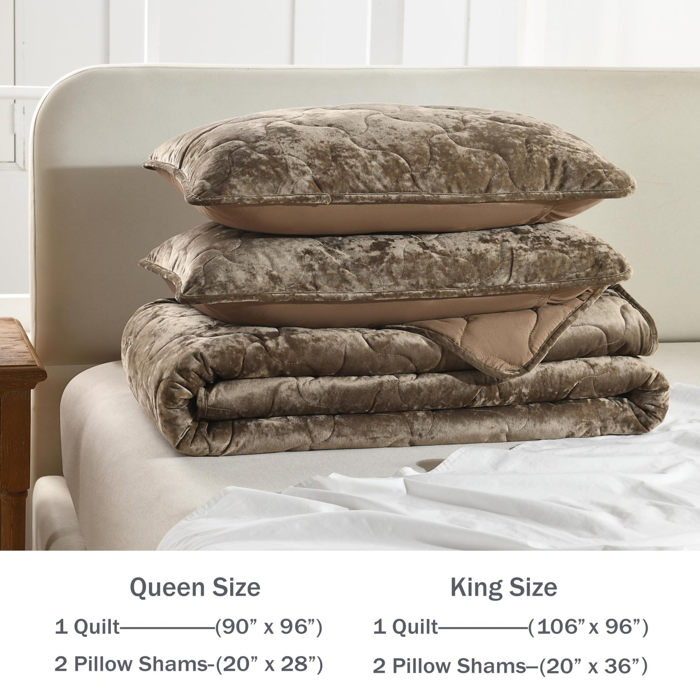 Homzard Luxury Velvet Quilt Set Queen Size Bedding, Mocha Brown Comforter Set, Ultra-Soft Striped Channel Stitch All Season Comforter, Thermal Bedspread Coverlet with 2 Pillow Shams