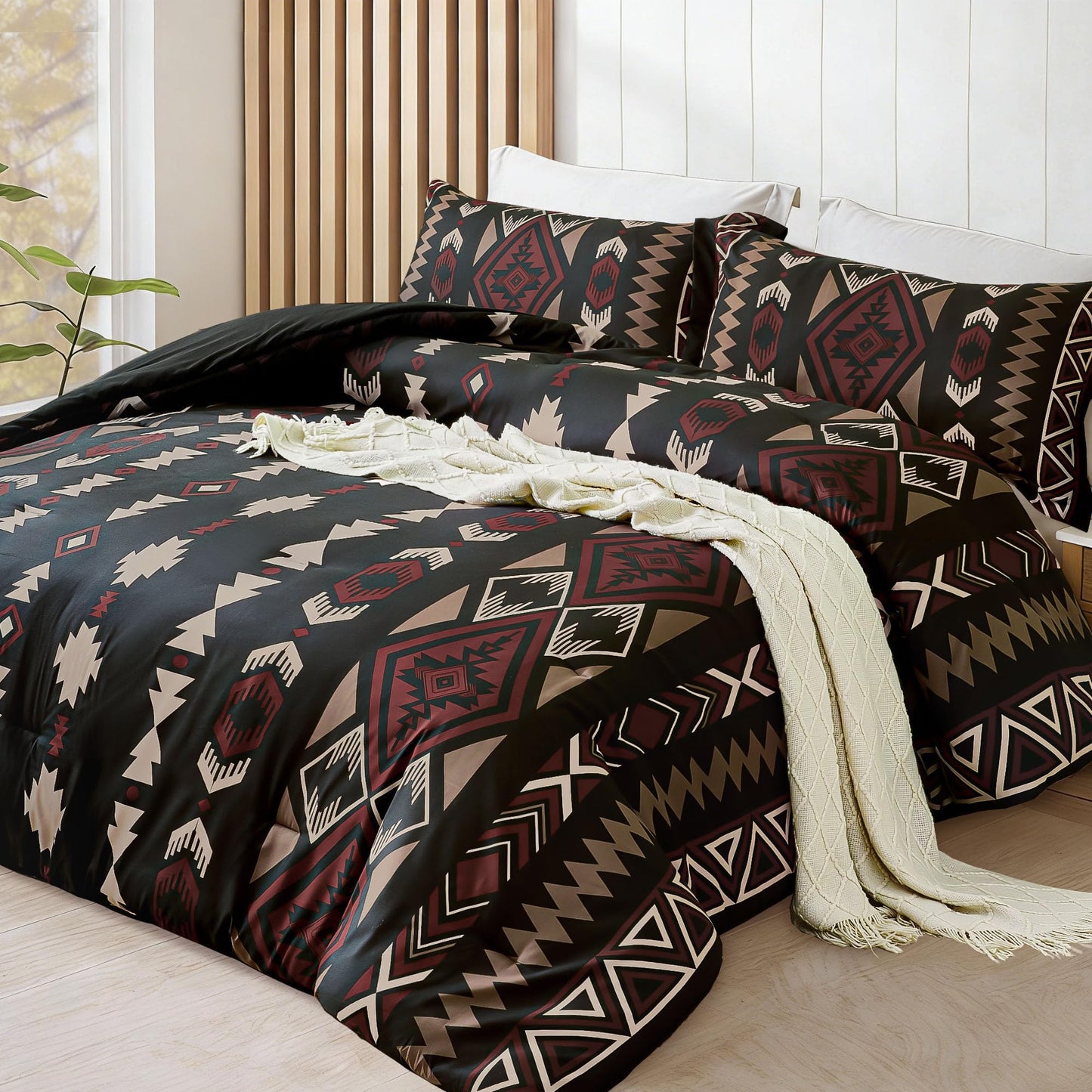 Tyrot King Comforter Set – 3 Piece Black Red Boho Aztec Bedding, Western Southwestern Style Comforter Sets, Soft Lightweight Comforter for All Seasons, 1 Comforter & 2 Pillow Shams