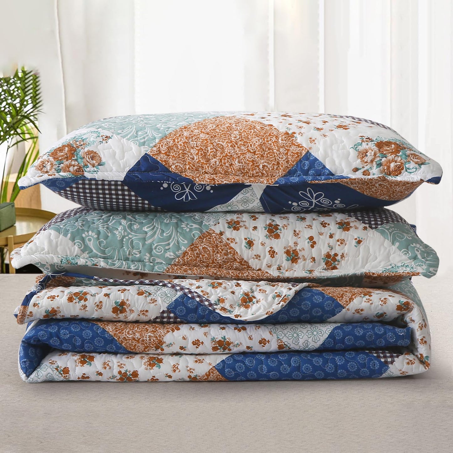 Dinjoy Reversible Patchwork Quilt Bedding Set Queen Size Blue Green Grey Plaid Floral Pattern Bedspread Set Soft Microfiber Coverlets Bed Set 3 Pieces Spring Summer All Season Use