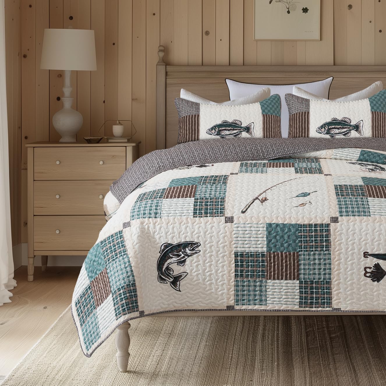 Soul & Lane Fishing Quilt Set – Queen and 2 Shams, Cozy Lake Bedding for Lodge or Cabin Themed Rooms, Rustic Bedspread with Fish Theme Design, Quilted Cabin Coverlet, Fisherman’s Tale