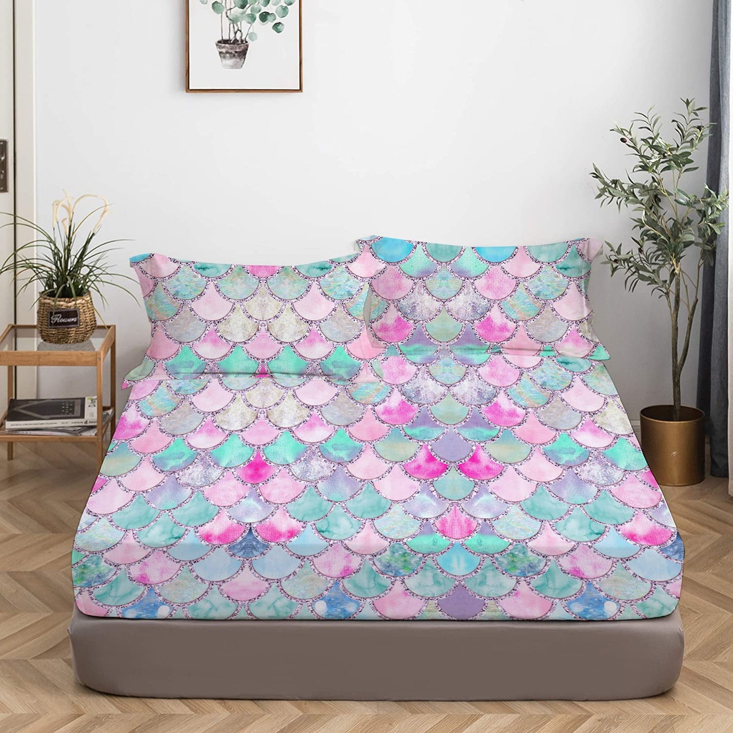 MUSOLEI Mermaid Fitted Sheet Set 3D Rainbow Scales Girls Bedding Set Girl Bed Sheets Girls Twin Sheets 1 Deep Pocket Fitted Sheet with 1 Pillowcase Wrinkle Free Cozy Microfiber (Twin)