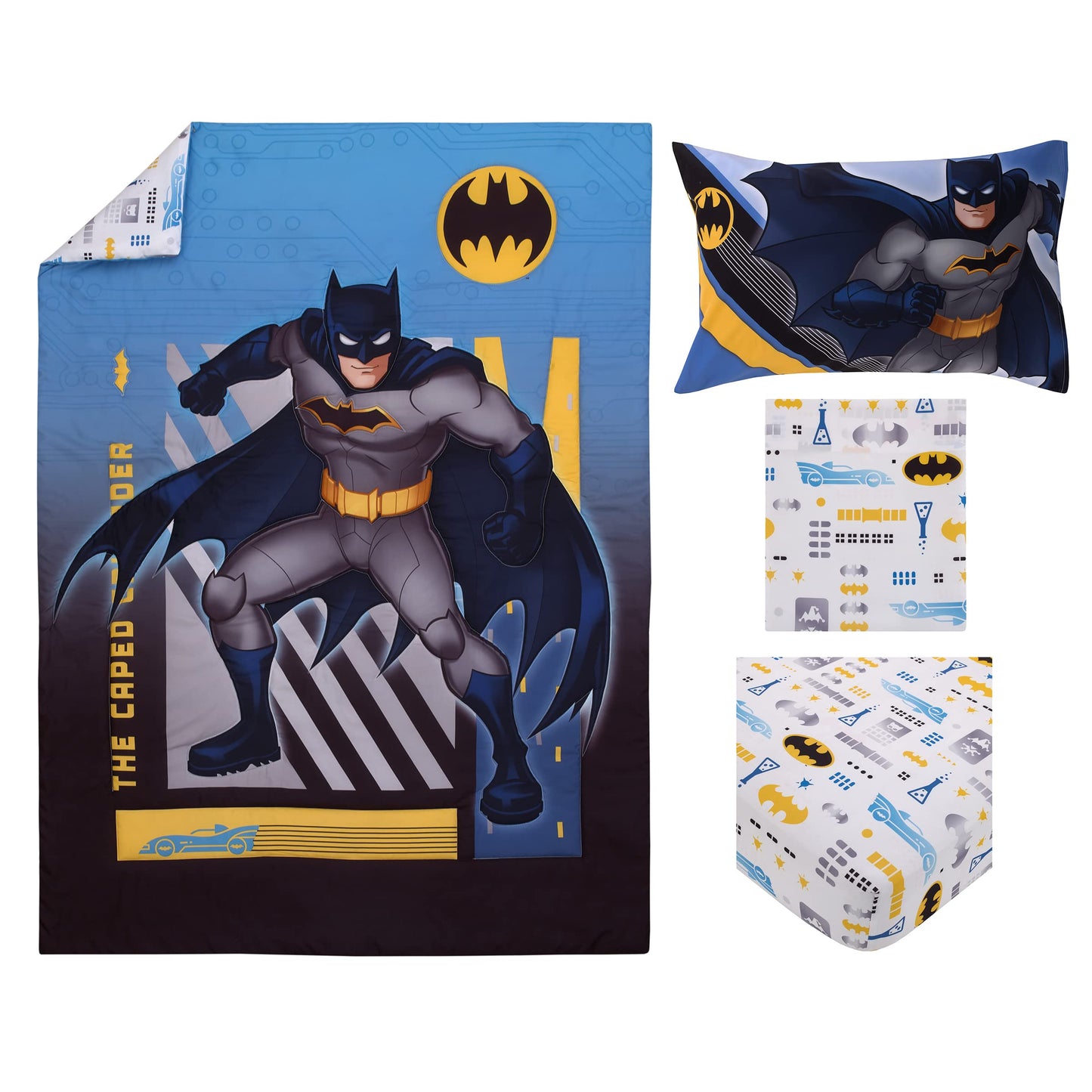 Warner Brothers Batman The Caped Crusader Navy, Gray, and Yellow Bat-Signal 4 Piece Toddler Bed Set - Comforter, Fitted Bottom Sheet, Flat Top Sheet and Reversible Pillowcase