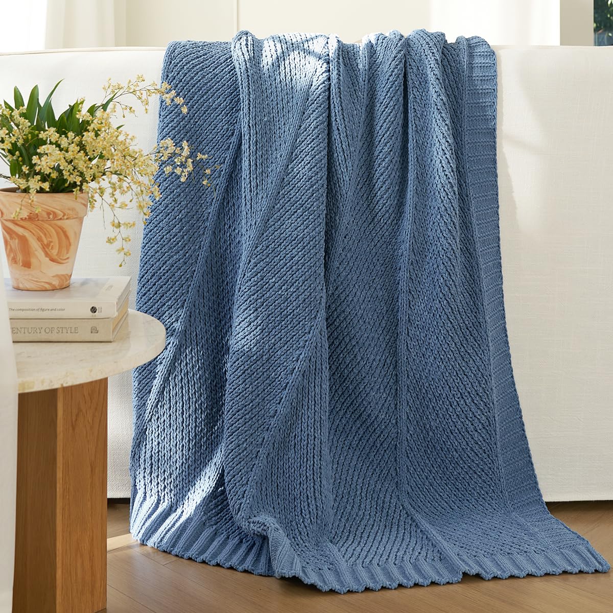 Amélie Home Knit Throw Blanket, Soft Chenille Cozy Breathable Chevron Chunky Decorative Blanket for Couch, Bed & Sofa, French-Inspired Lightweight Warm Gift for Women, Washed Blue, 50"x60"