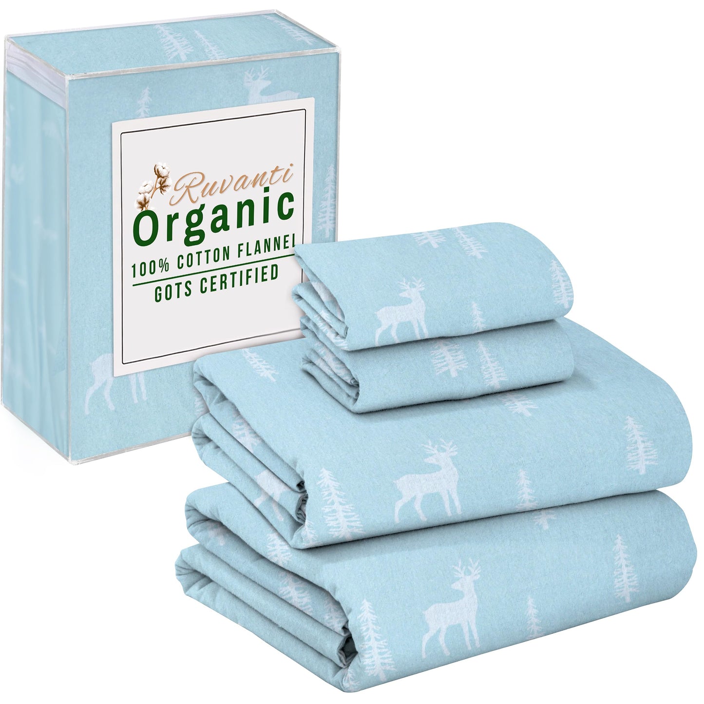 RUVANTI Flannel Sheets Queen Size - GOTS Certified 100% Organic Cotton, 4 Piece Warm, Soft & Breathable Set, Deep Pocket Snug Fit, Double Brushed Cozy All Season Bedding, Blue Pine