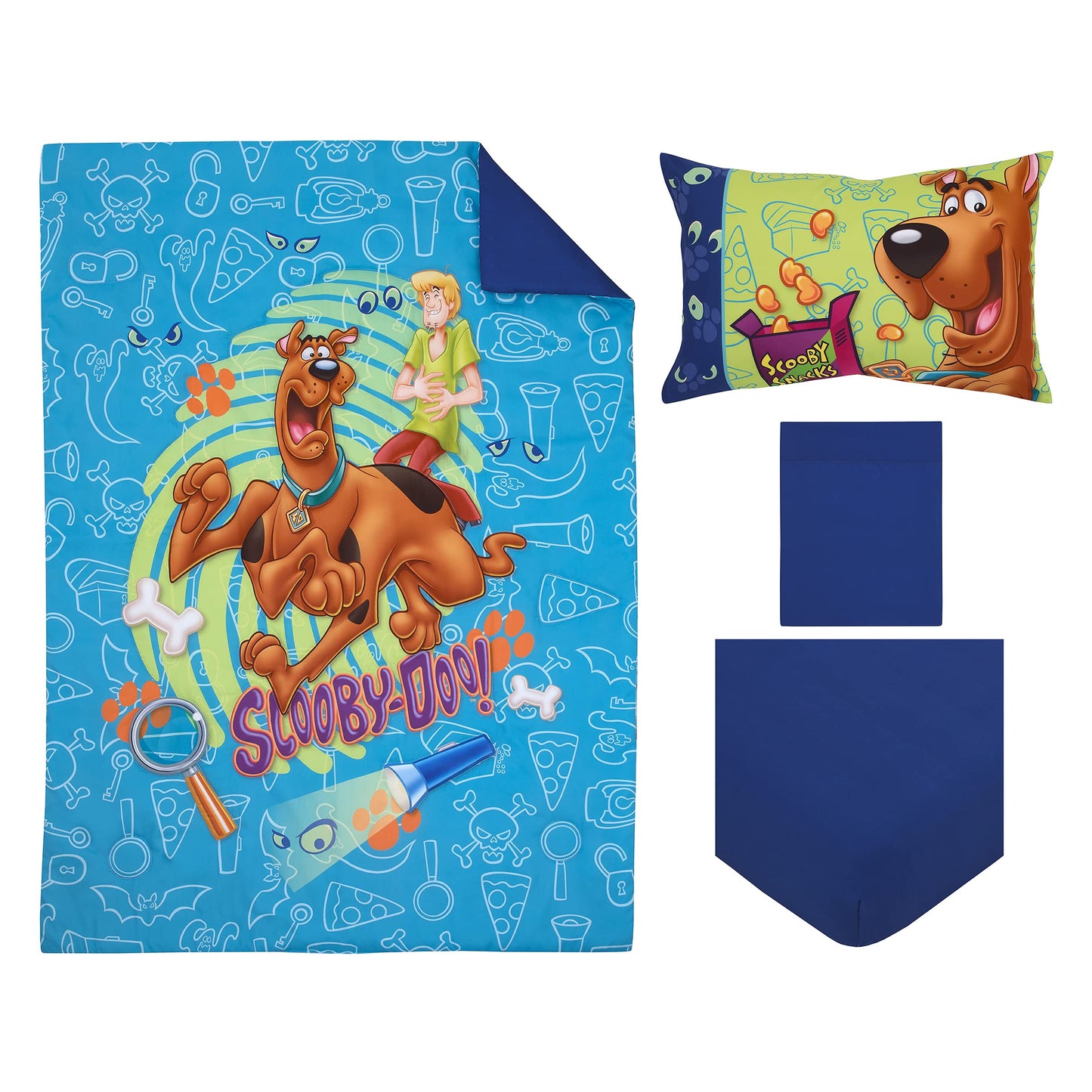 Warner Brothers Scooby Doo - Scooby Dooby Doo Blue, Green, Brown & Orange 4Piece Toddler Bed Set - Comforter, Fitted Bottom Sheet, Flat Top Sheet, & Reversible Pillowcase, Blue, Green, Brown, Orange