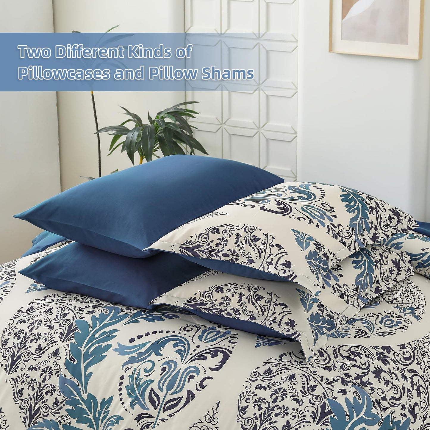 Anibedding Blue Comforter Set King Size, 7 Pieces Bohemian Damask Comforter Set Soft Lightweight Microfiber Bedding Set for All Season (104"x90")
