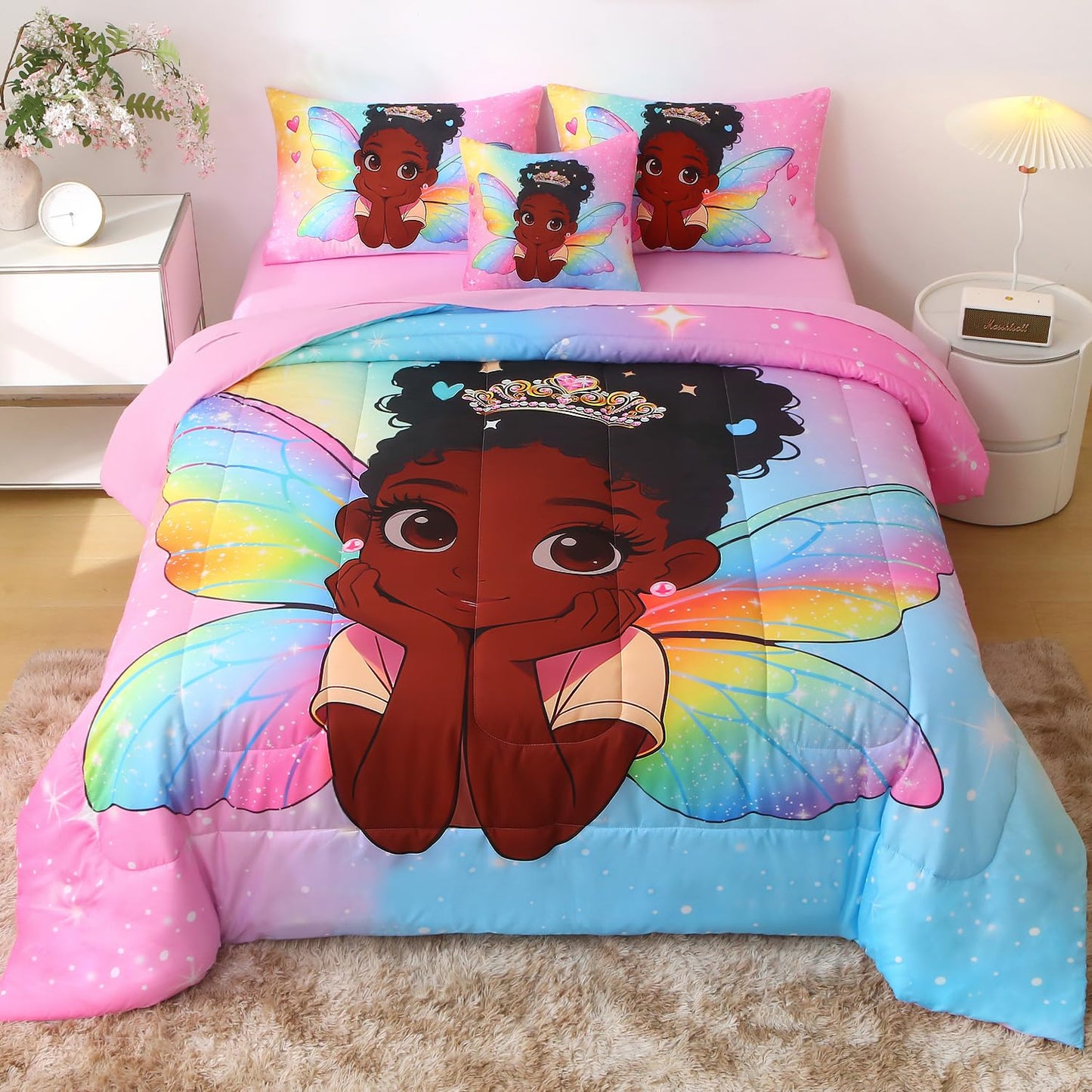 JQinHome Twin Comforter Set - 6 Pieces African Fairy Princess Bedding Set for Girls, Bed in a Bag with Rainbow Wing Comforter, Sheets, Pillowcases & Decorative Cushion Cover