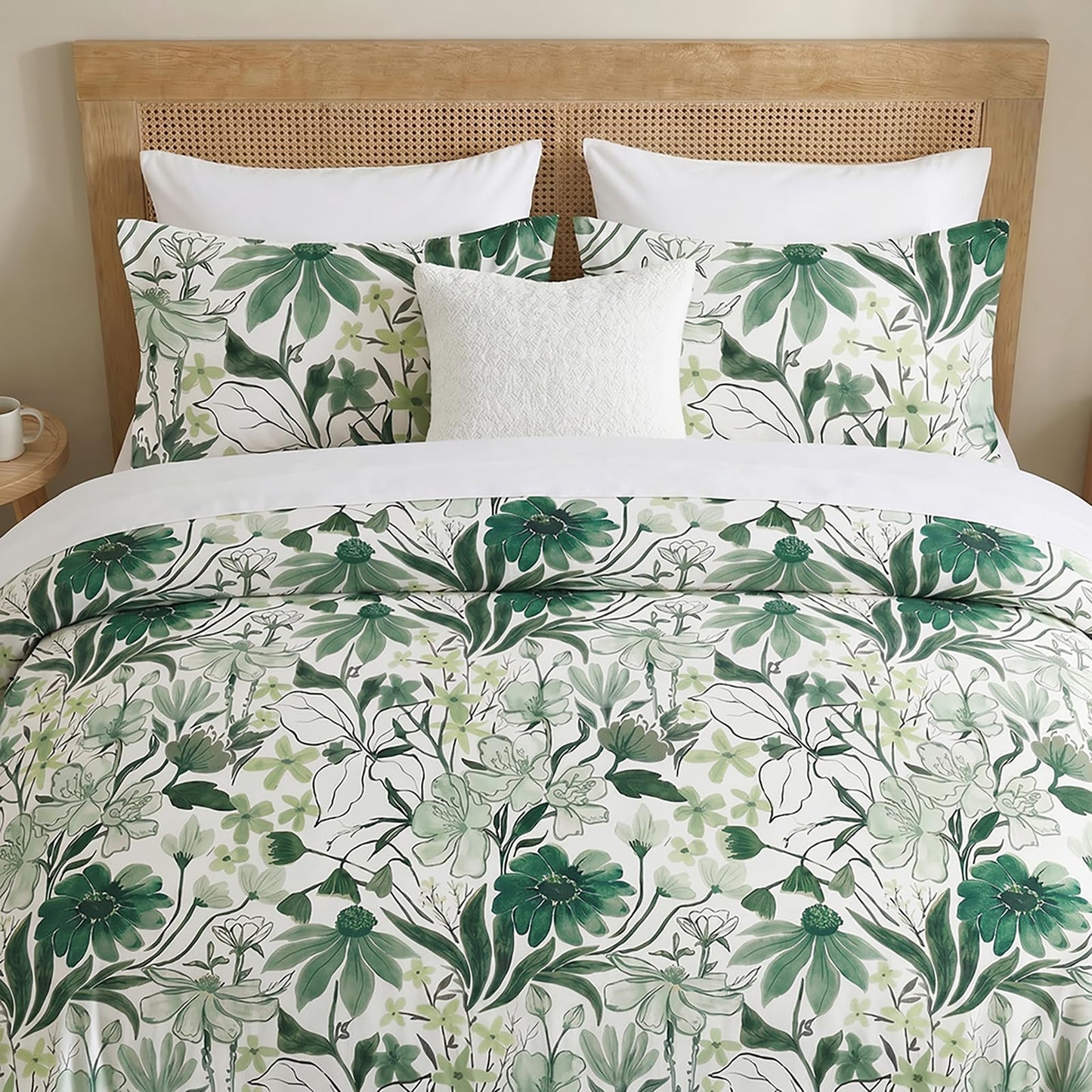 MOVE OVER Green Floral Duvet Cover Queen Size, 100% Cotton Duvet Cover Set with Zipper Closure & Corner Ties, Soft Breathable Line Art Botanical Duvet Cover Set for All Seasons