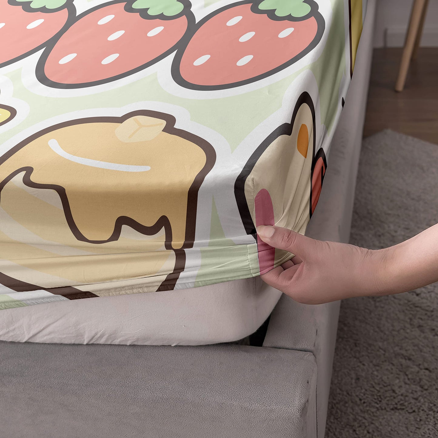 Datura home Kawaii Sheet Set 4Pcs Fitted and Flat Girls Strawberry Bear Printed with 1 + 2 Pillowcases(Kawaii Full), Full 81x97 inches