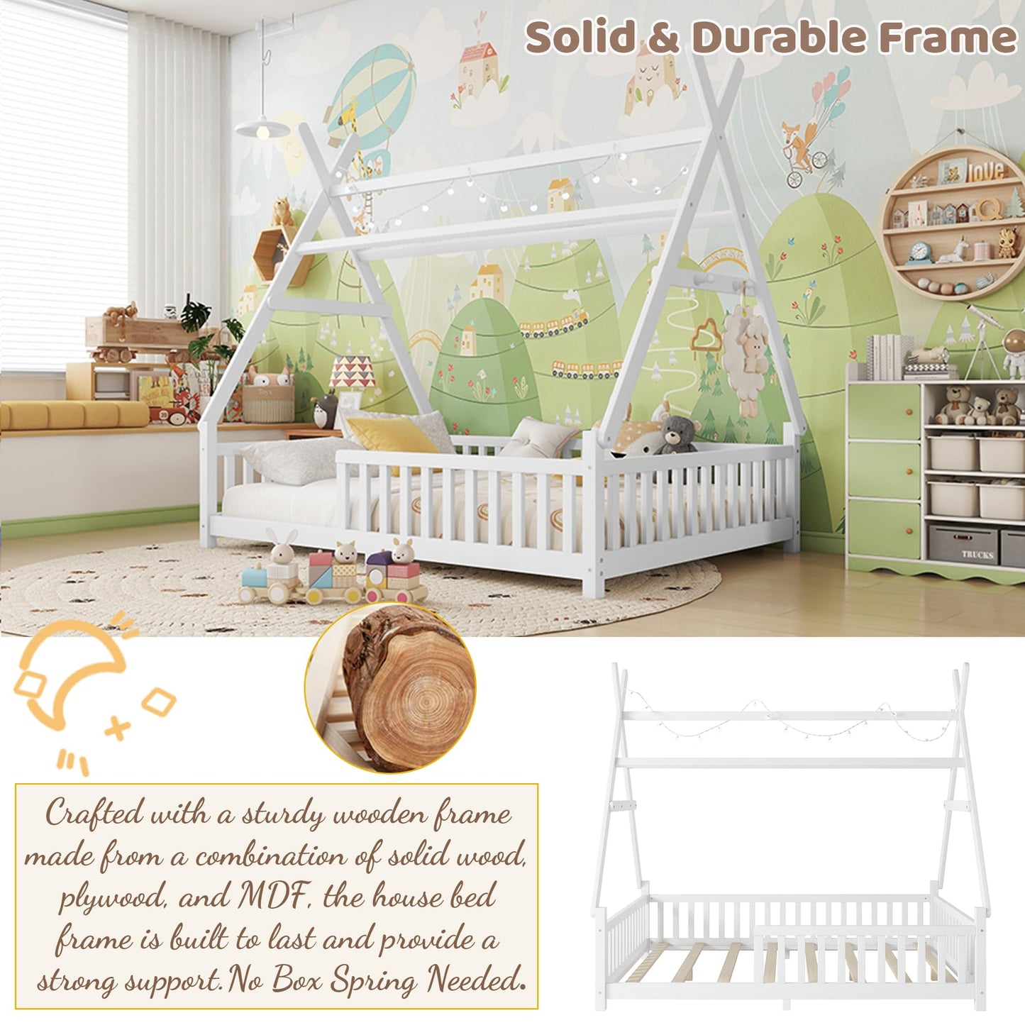 MoproBeti Montessori Bed Full Size with Light and Slats, Wood Teepee Floor Bed for Kids Boys Girls,House Bed Frame with Rails & Roof,No Box Spring Needed, White