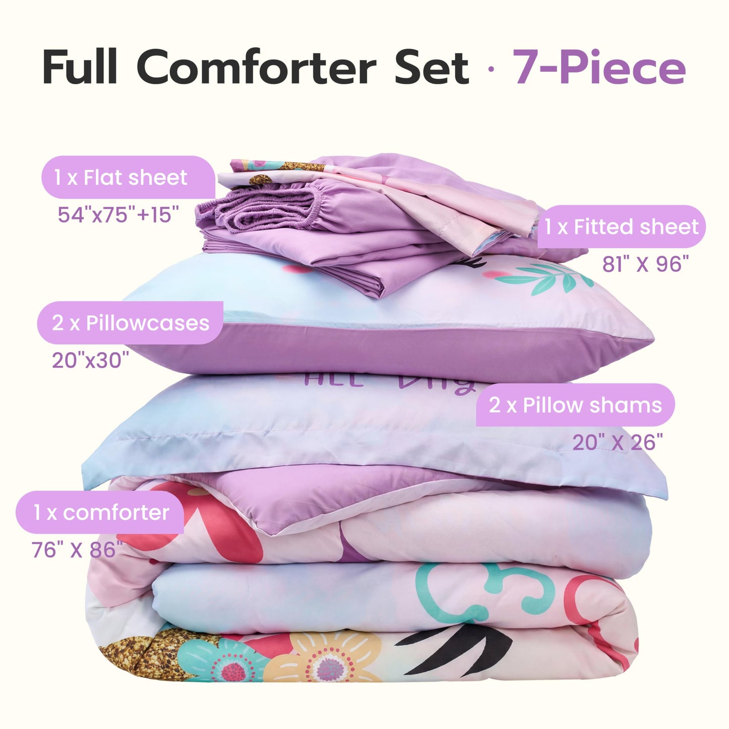 Joiedomi Kid Full Comforter Set 7 Piece Unicorn Bedding Set for Boys Girls Super Soft Microfiber Bed in a Bag with Comforter Sheets Pillowcase & Sham