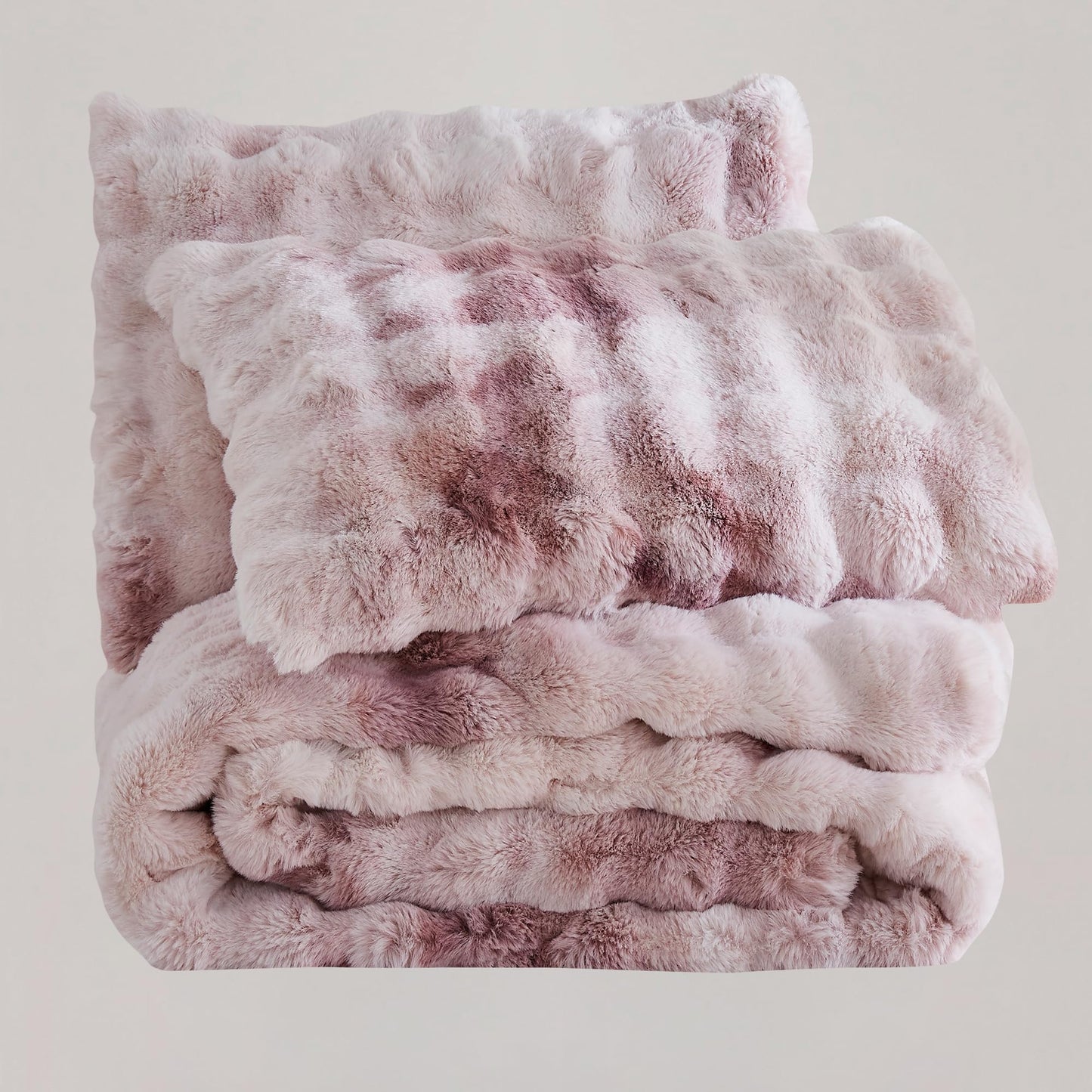 Wonderful 3 Pieces Fluffy Faux Rabbit Fur Bubble Comforter Set King Size, Tie-Dyeing Pink Purple Plush Fuzzy Bedding Set, Warm Soft Bubble Comforter Bedding Set for Winter