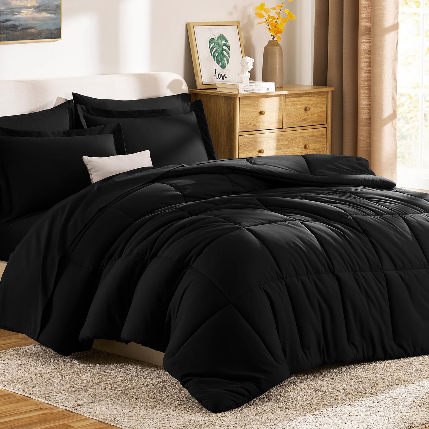CozyLux Queen Comforter Set Black - 7 Pieces Bed in a Bag Queen, Oeko-Tex Certified Bedding Set, All Season Soft Bed Set with Down Alternative Comforter, Sheets, Pillowcases & Shams