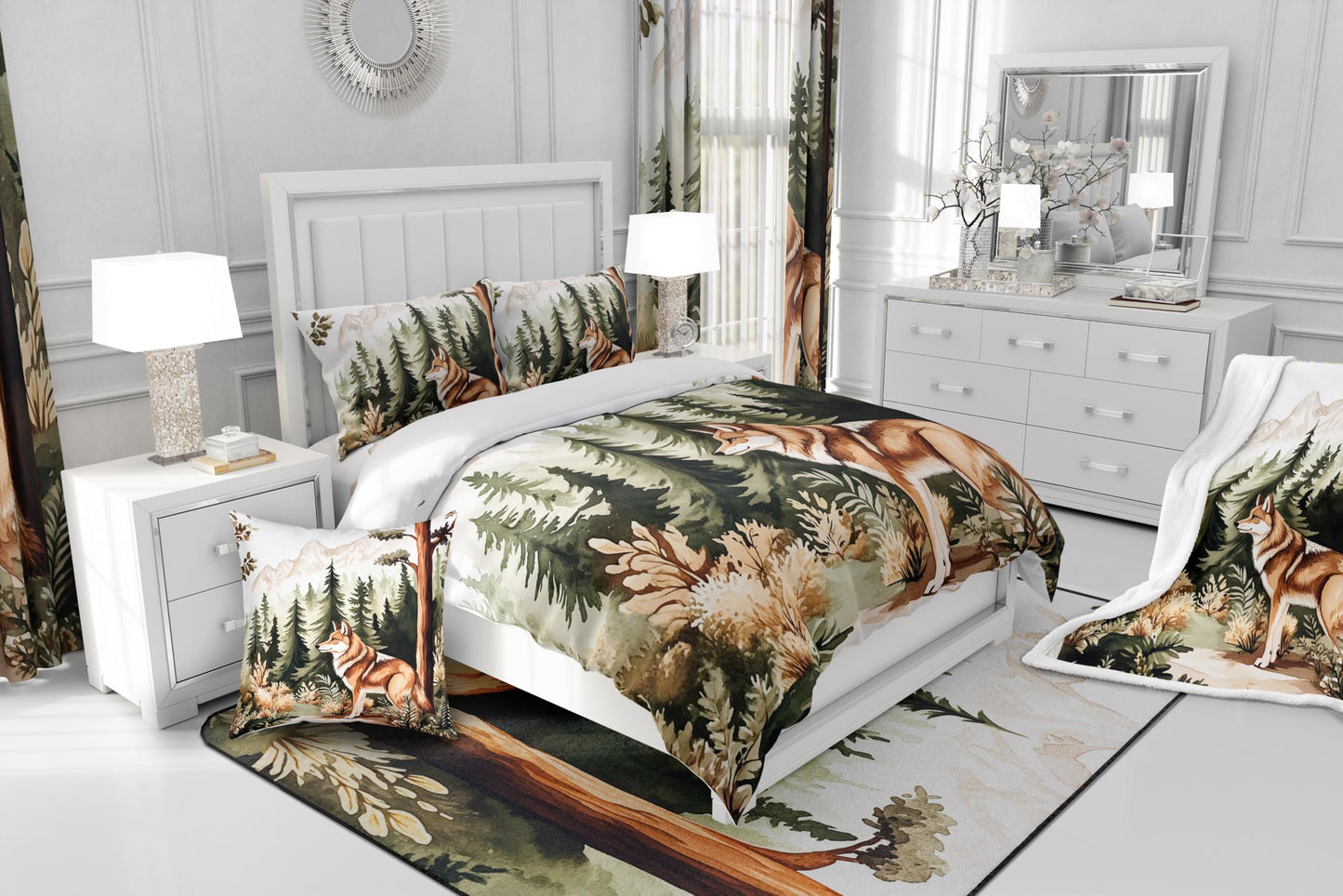 Wolf Bedding Set Full Size,Pine Tree Wild Animal Comforter Set for Kids Girls Boys Adults Room Decor,Jungle Woodland Botanical Duvet Insert 3Pcs,Wildlife Plant Microfiber Quilt Set,2 Pillowcases