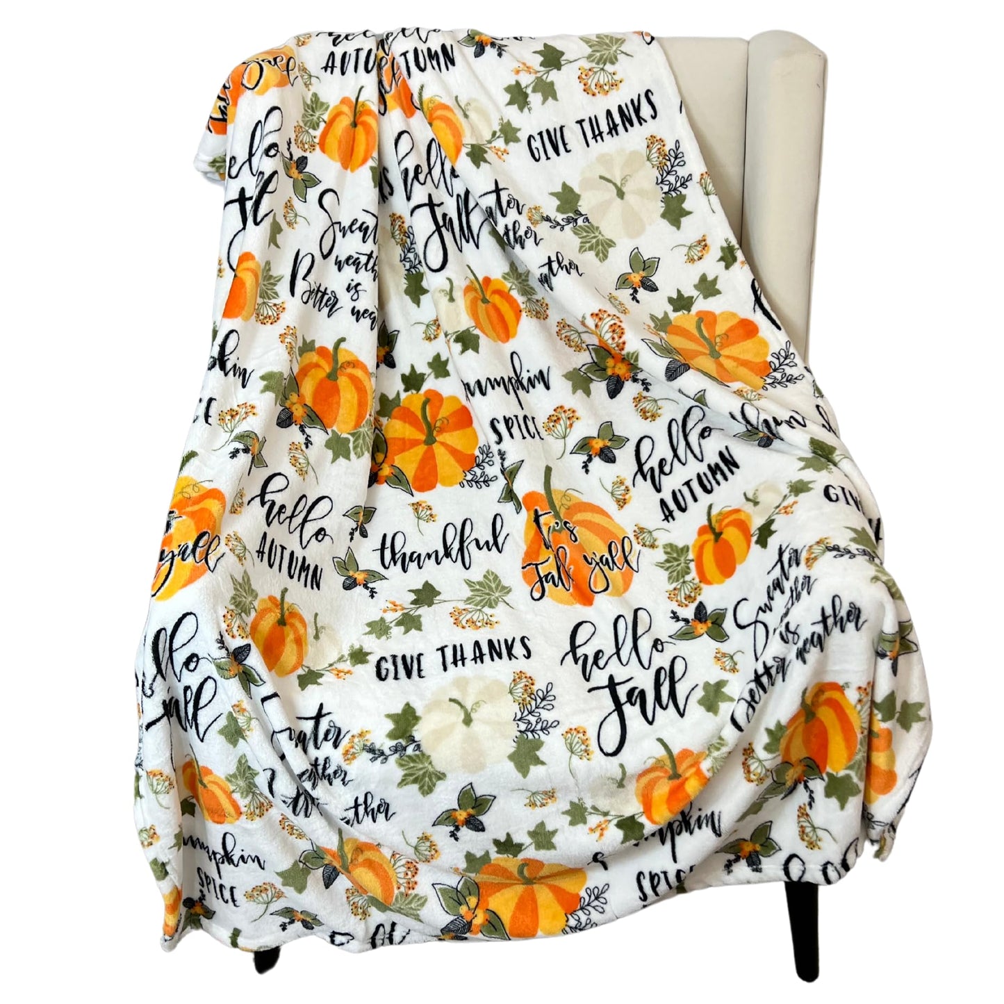 Fall Throw Blanket: Colorful Autumn Harvest Time Saying and Pumpkin Print on Soft White Velvet Fleece for Sofa Bed Couch Chair or Dorm