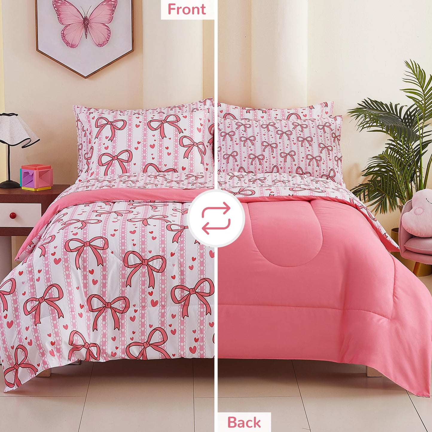 Viviland Kids Twin Bedding Sets for Girls, Soft Twin Comforter Set with Sheets, 5 Pieces Microfiber Bed in a Bag, Pink Bow