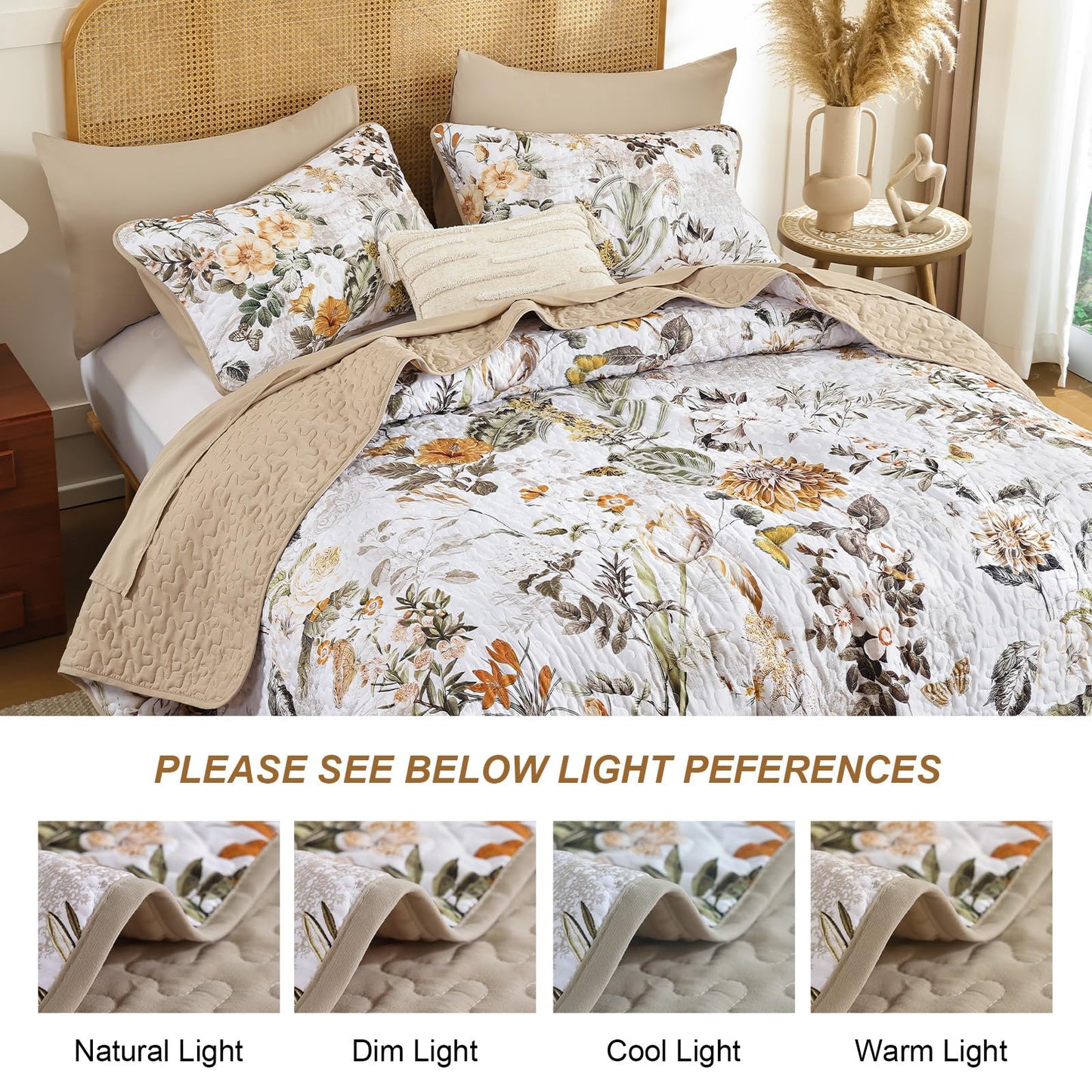 Anibedding Floral Quilt Set Queen Size,Brown Bontanical Quilt Queen Size,Garden Style Bedspread with Soft Lightweight Reversible Coverlet Set for All Season(96"x90")