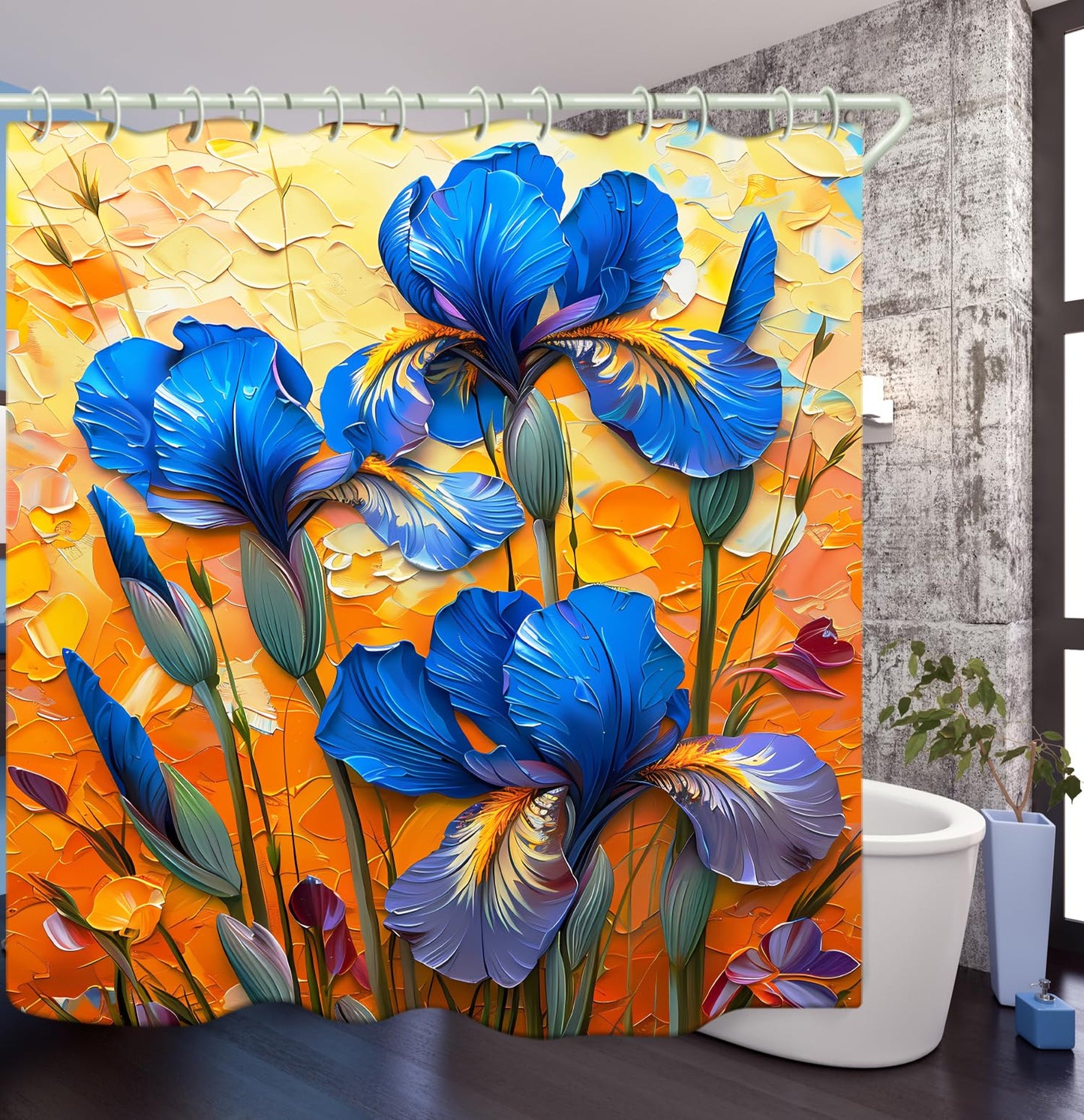 LYFANS Bathroom Shower Curtains Brings a Pleasant Mood to Bathing, with a Unique Artistic Waterproof Oil Painting Blue Flower Shower Curtain (59x72 Inches) Equipped with 12 Hooks.