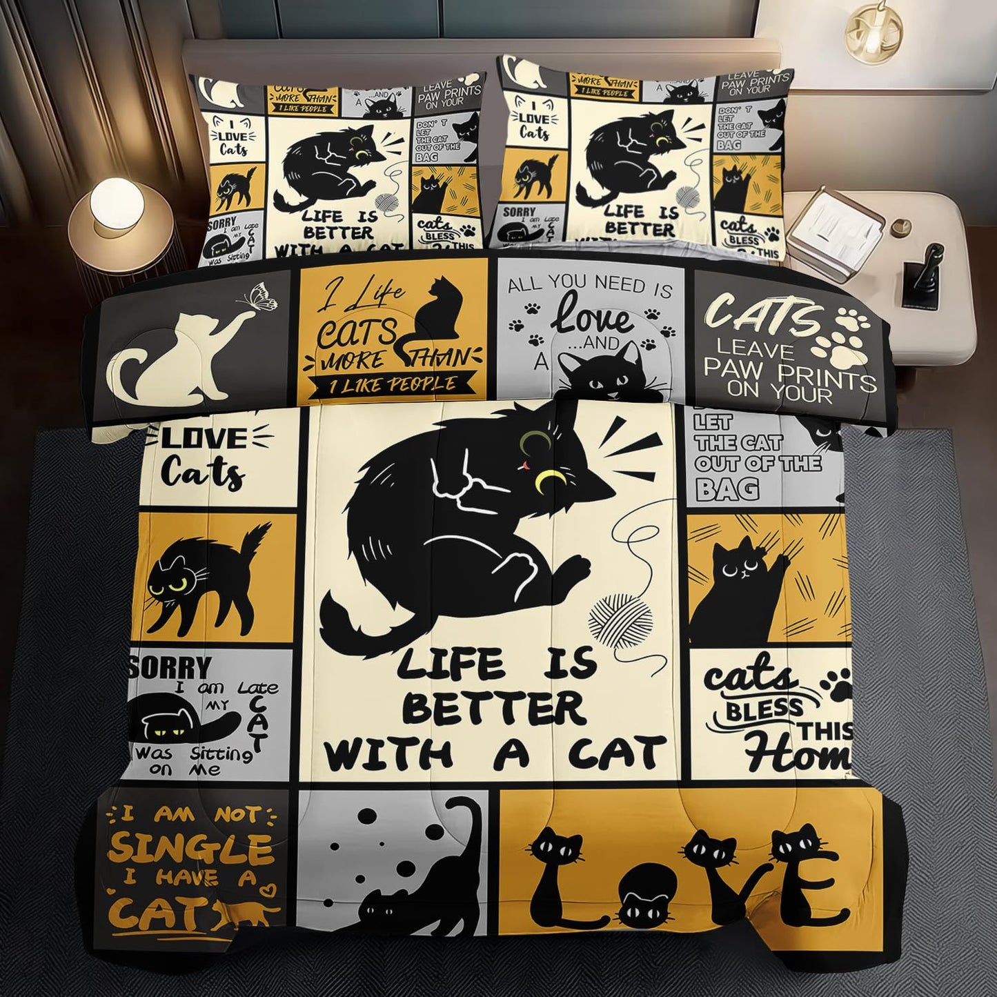 llyxsesty Halloween Black Cat Comforter Set Queen Girls Cartoon Cat Bedding Set forTeen Boys Animal Comforter Queen Quilt Cute Pet Room Decor Animal Bedding Halloween Bedroom Decor